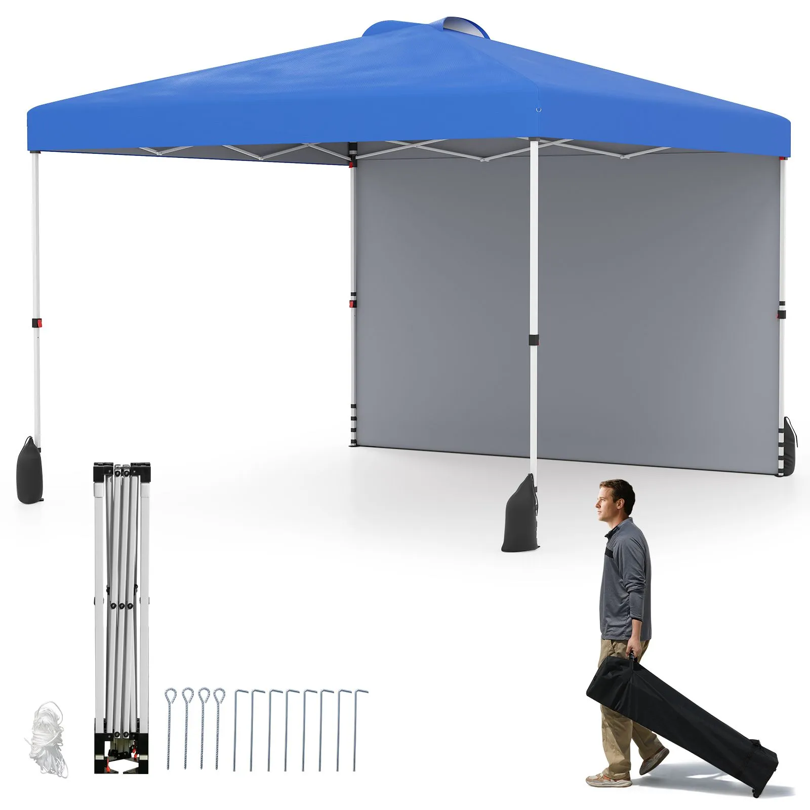 Costway 300 x 300 cm Pop up Canopy Tent w/ 1 Sidewall & Wheeled Bag in Blue