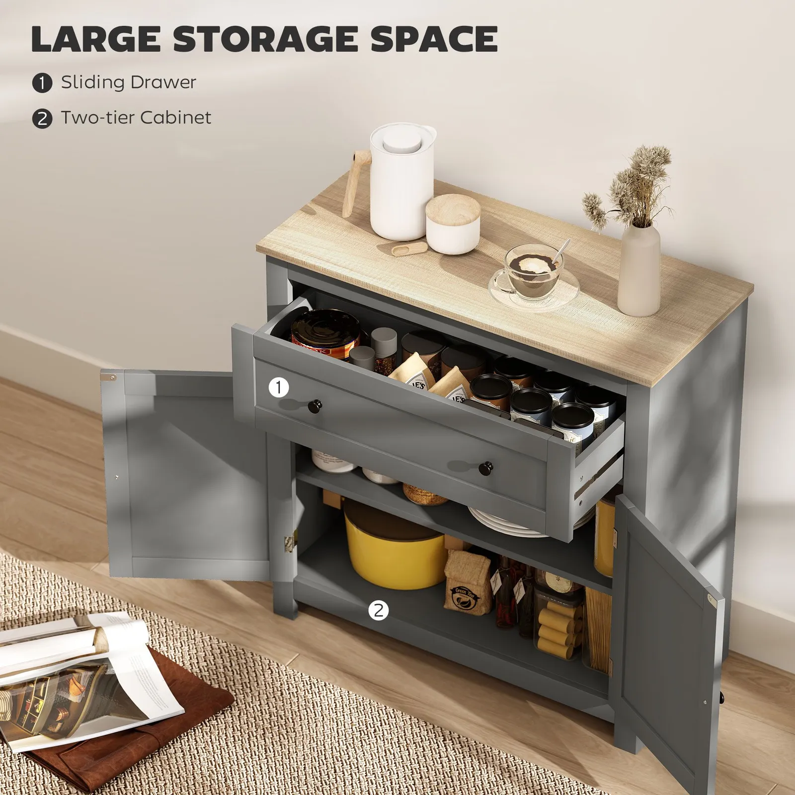 HOMCOM Sideboard Storage Cabinet with Adjustable Shelf, Drawer in Grey 4