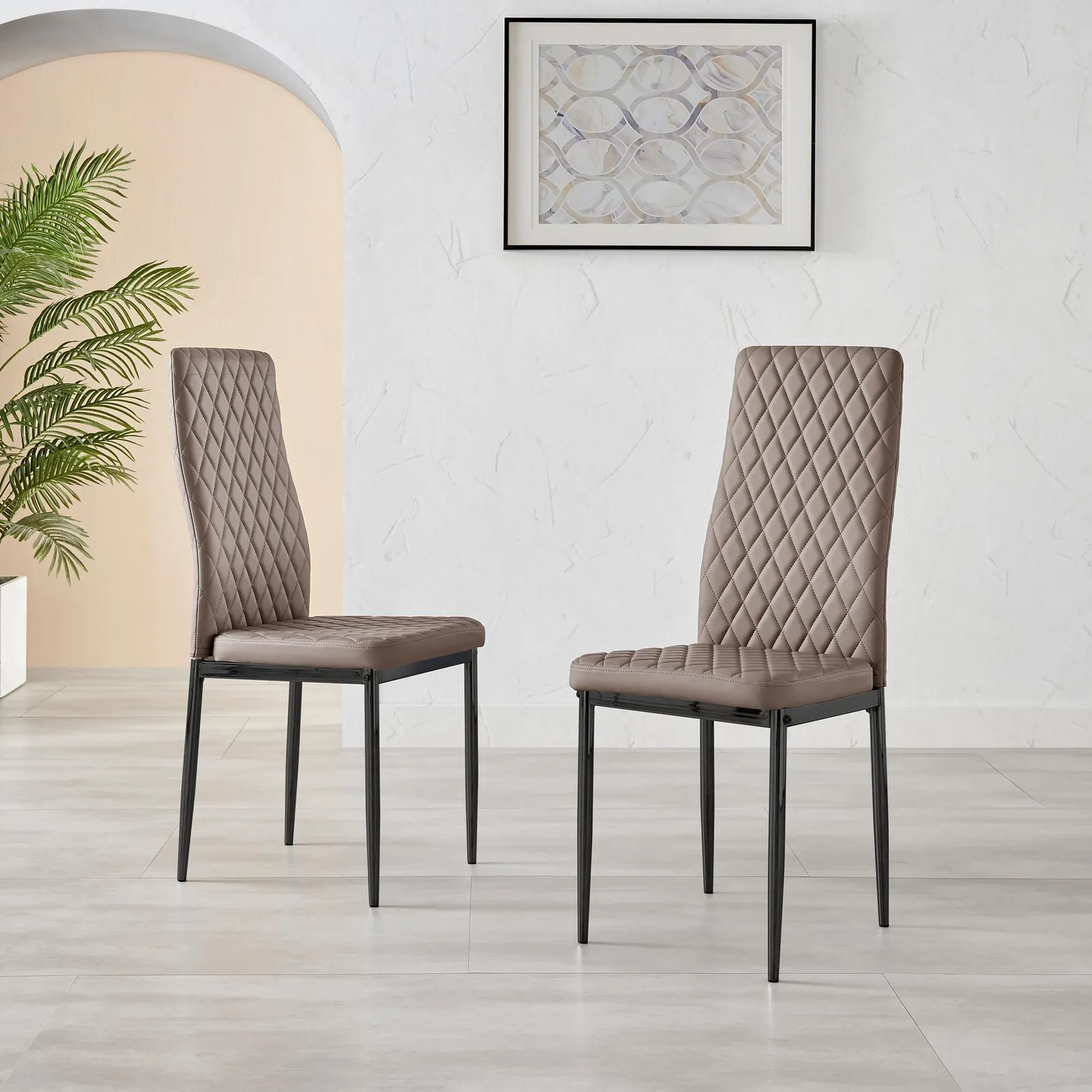 FurnitureboxUK Set of 6 Milan High Back Soft Touch Diamond Pattern Faux Leather Dining Chairs With Black Powder Coated Metal Legs in Beige 2
