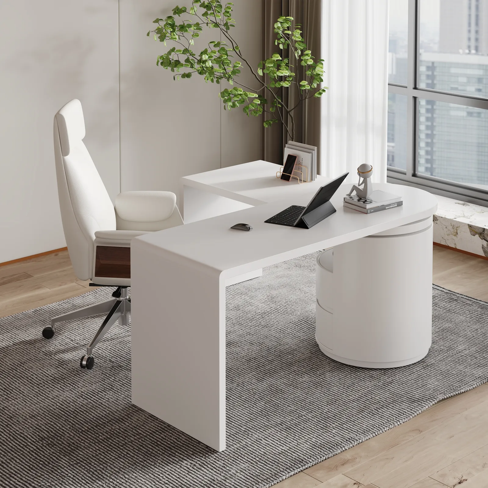Modern 150 cm L-Shaped Matte Warm White Rotating Executive Desk with Storage Drawers