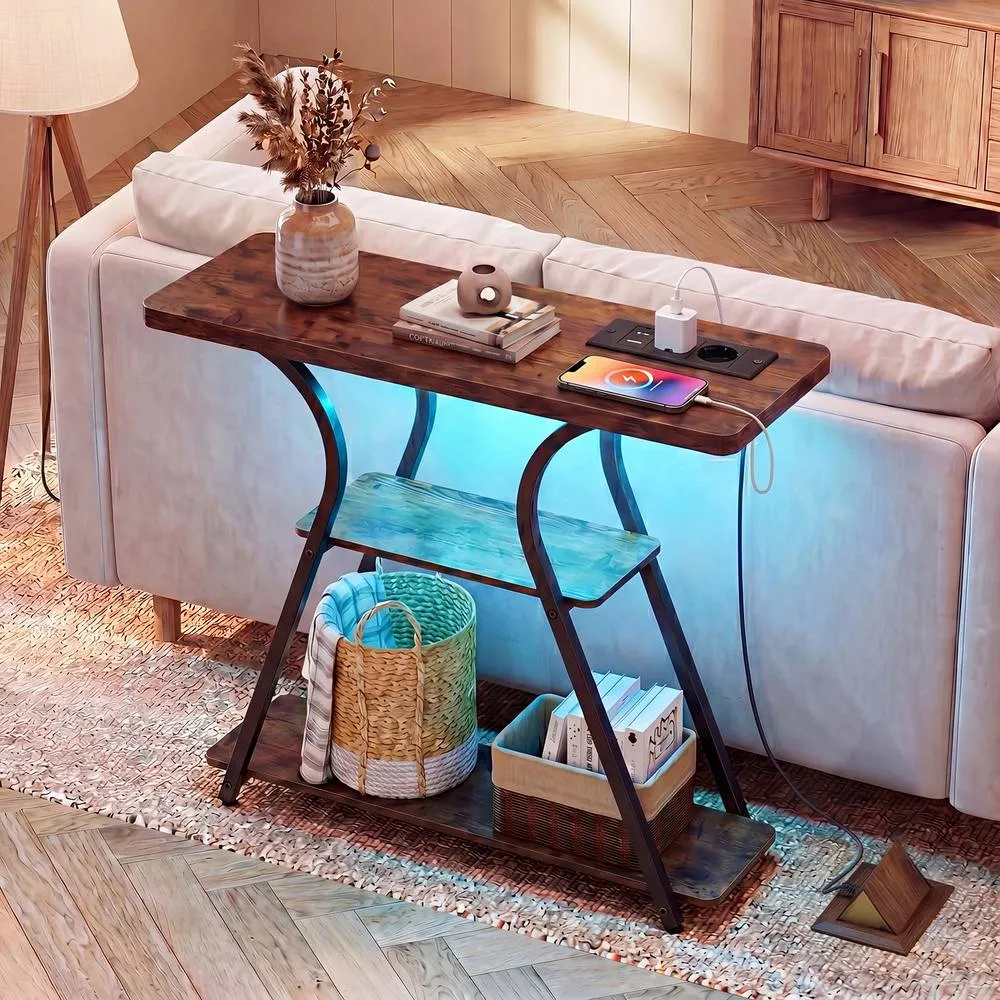 Costway Console Table w/ LED Lights & Power Outlets Table w/ Shelves in Brown 3