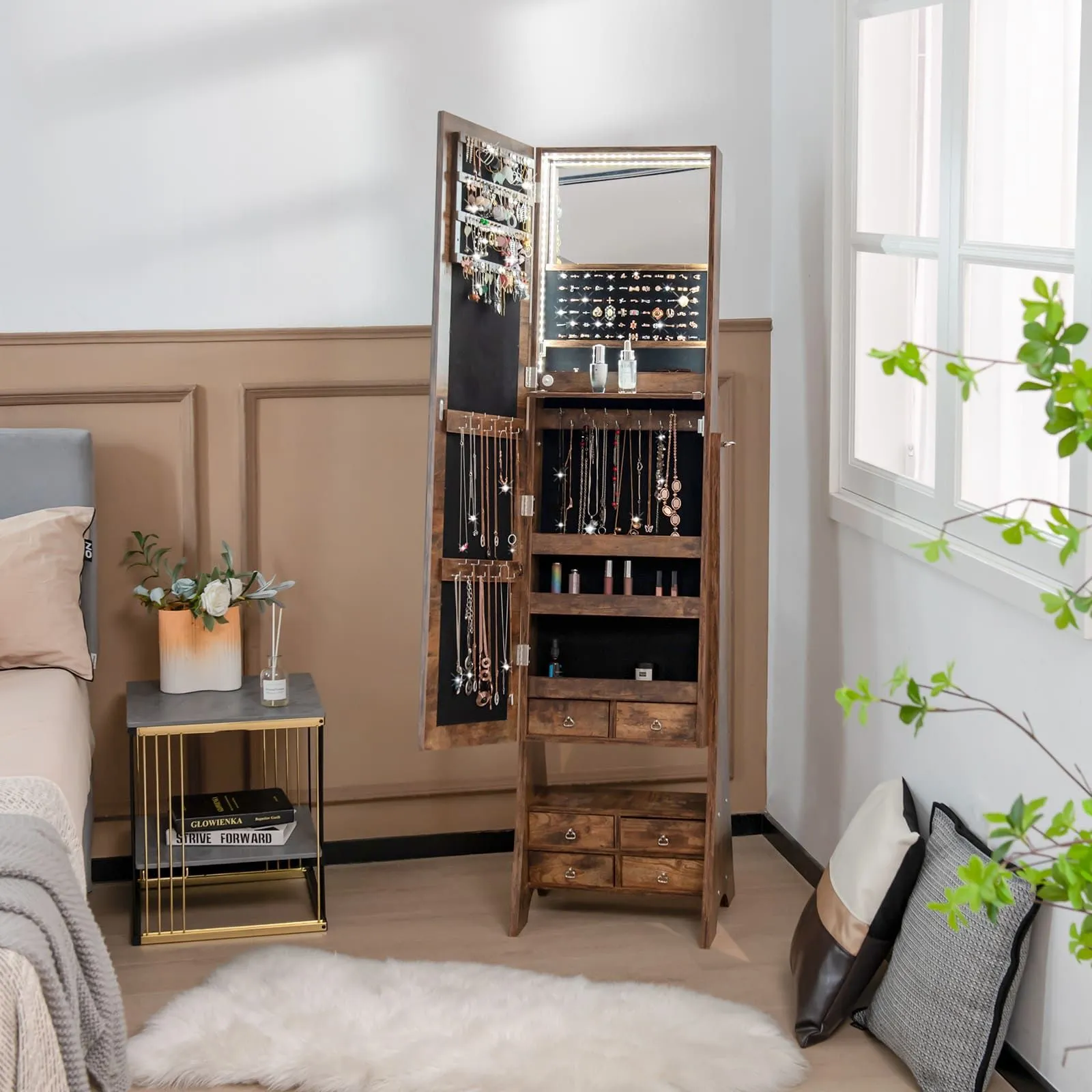 Costway Freestanding Jewelry Cabinet Floor Jewelry Armoire Organizer in Brown 3