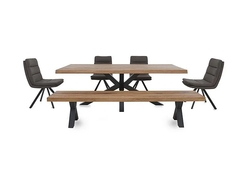 Njord Raw Edge Dining Table with Metal Star Base, Bench and 4 Anthracite Fabric Swivel Chairs - 220-cm - Old Bassano
