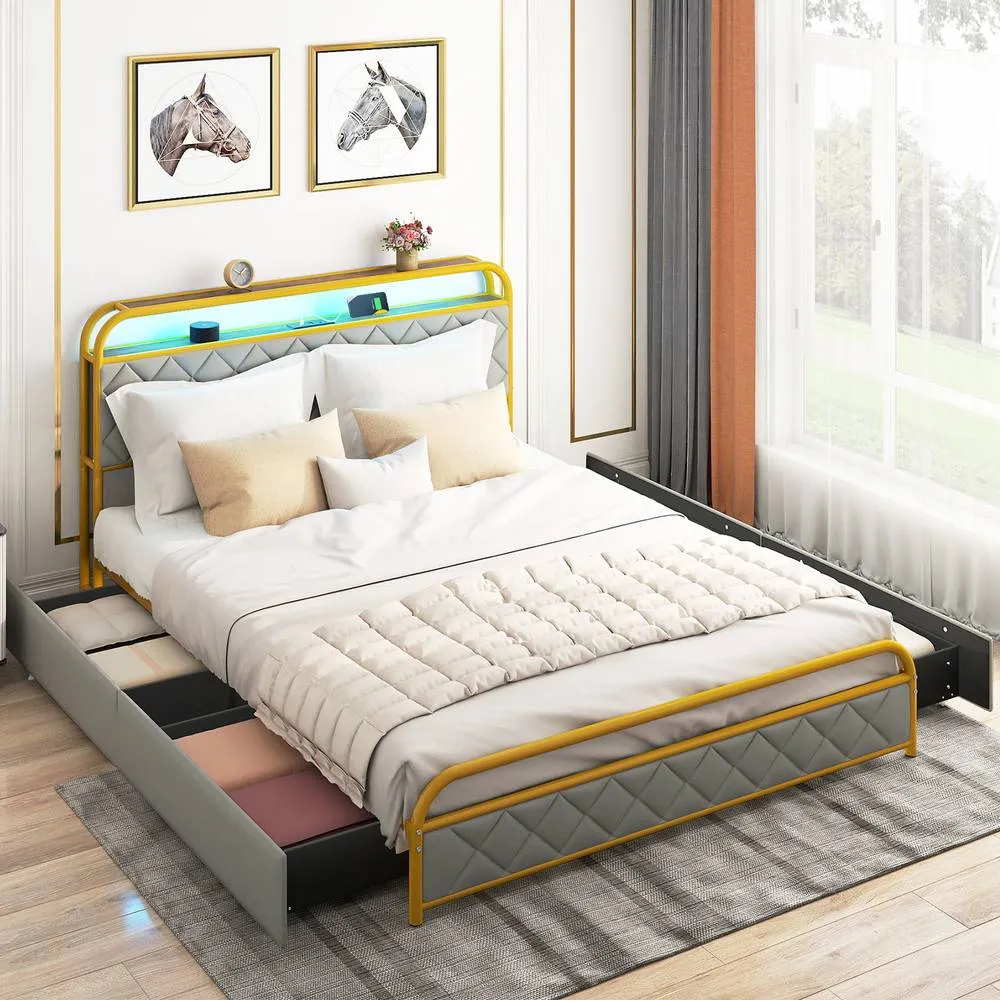 Costway King Size Modern Faux Leather Upholstered Platform Bed 4