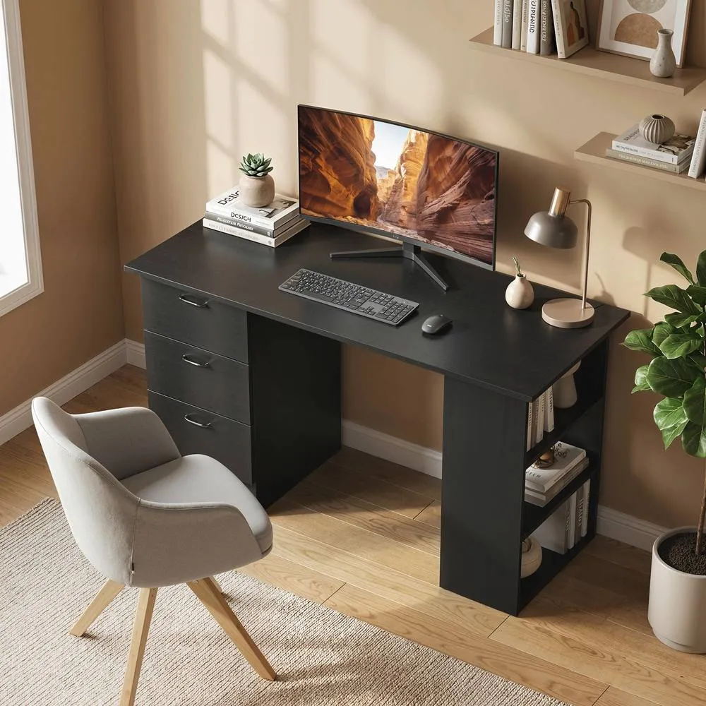 HOMCOM 120cm PC Table Workstation Computer Desk w/ Drawers, 3 Shelves Black