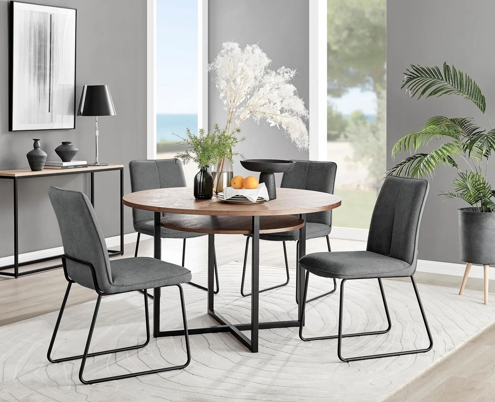 FurnitureboxUK Adley Brown Wood Storage Dining Table & 4 Halleyy Chairs in Dark Grey