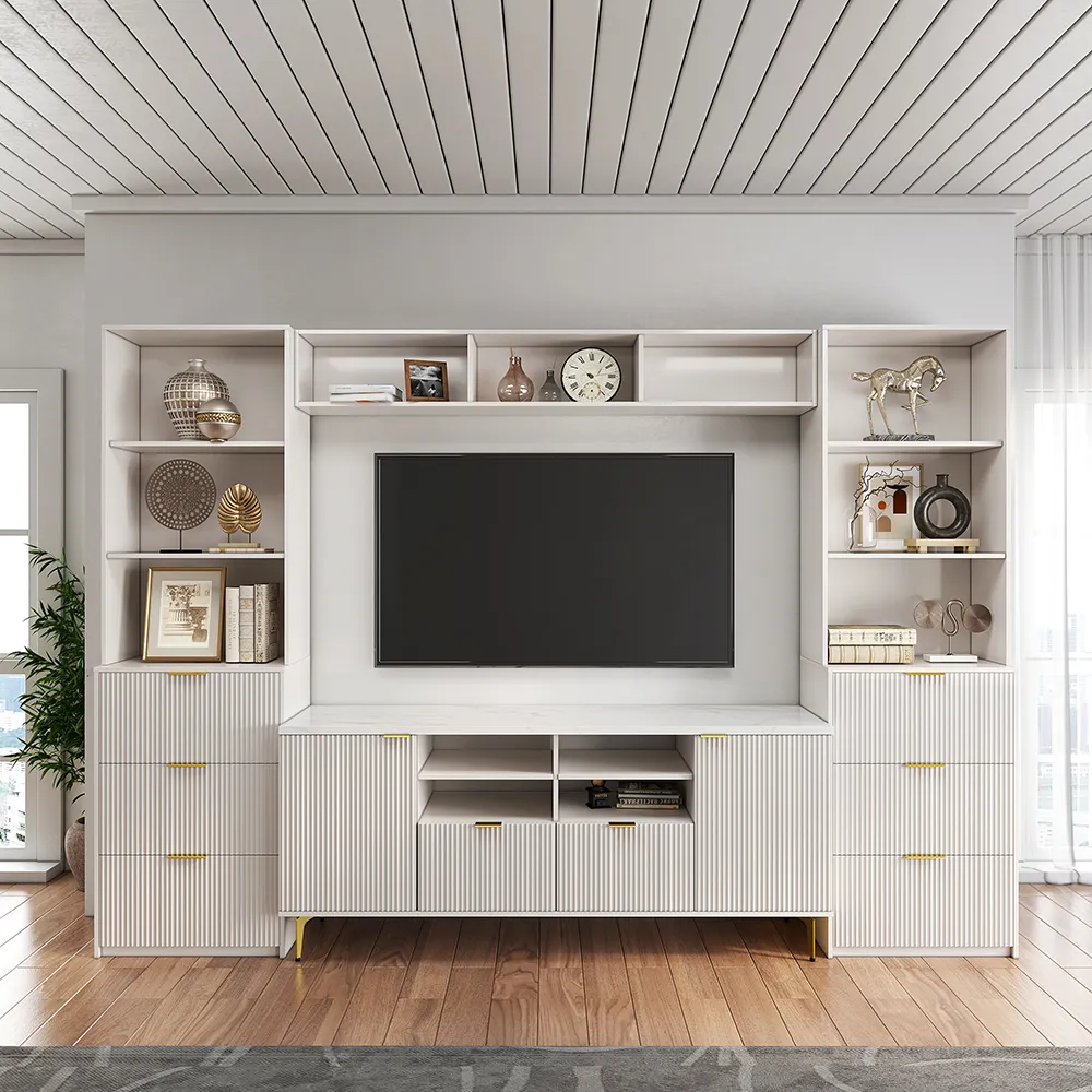 290 cm Fluted Wood Storage 4-Piece Entertainment Center with Bookshelf White TV Stand