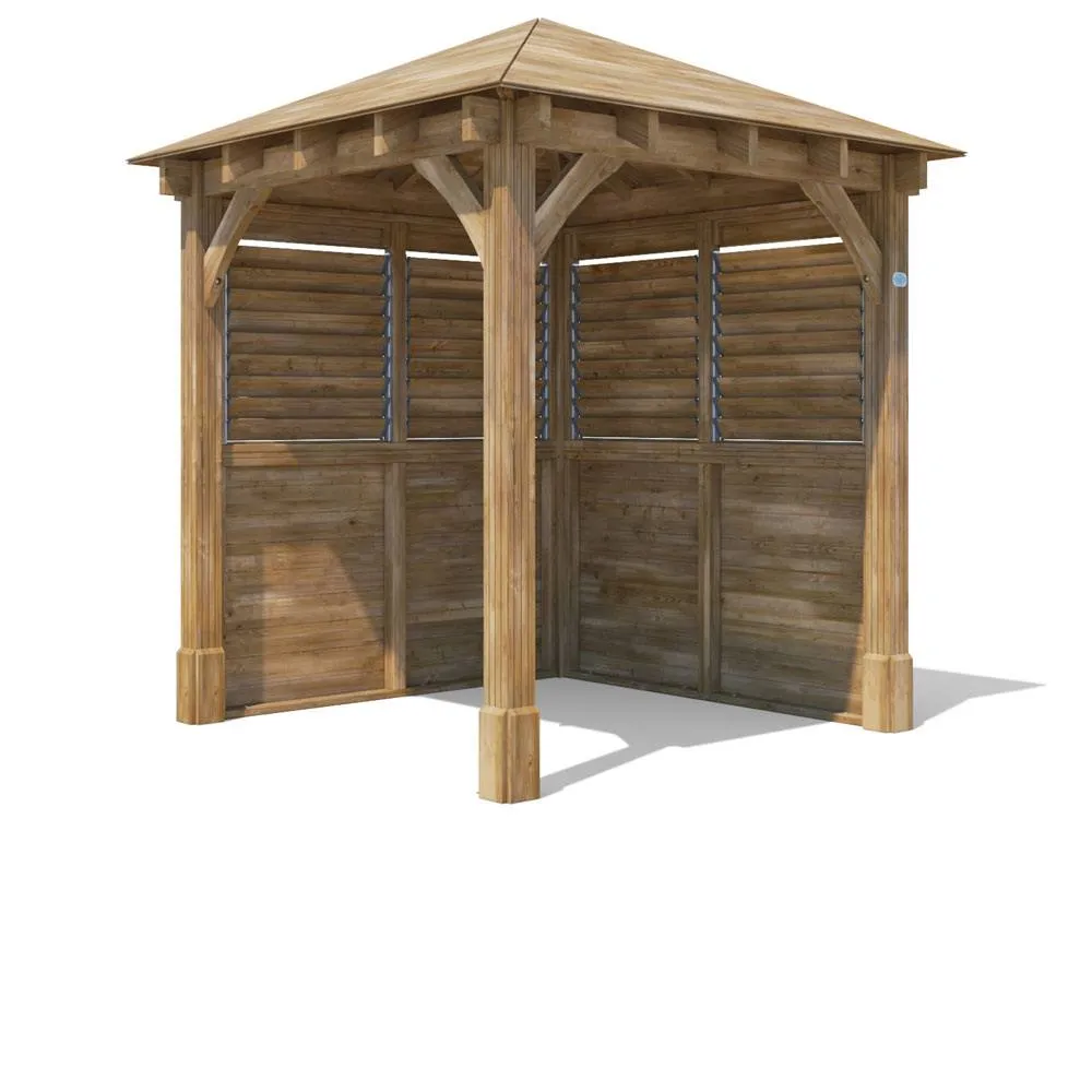 Dunster House Wooden Gazebo Kit 2.5x2.5m Louvre Wall Black Roof Shingles, Leviathan in Brown 6