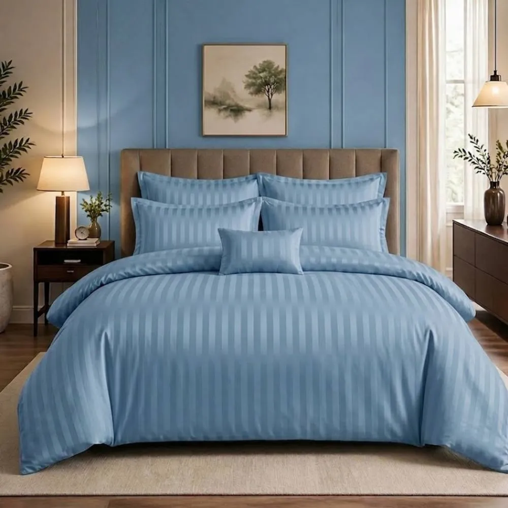 Pamposh Luxury Embossed Stripes Duvet Cover Set in Blue