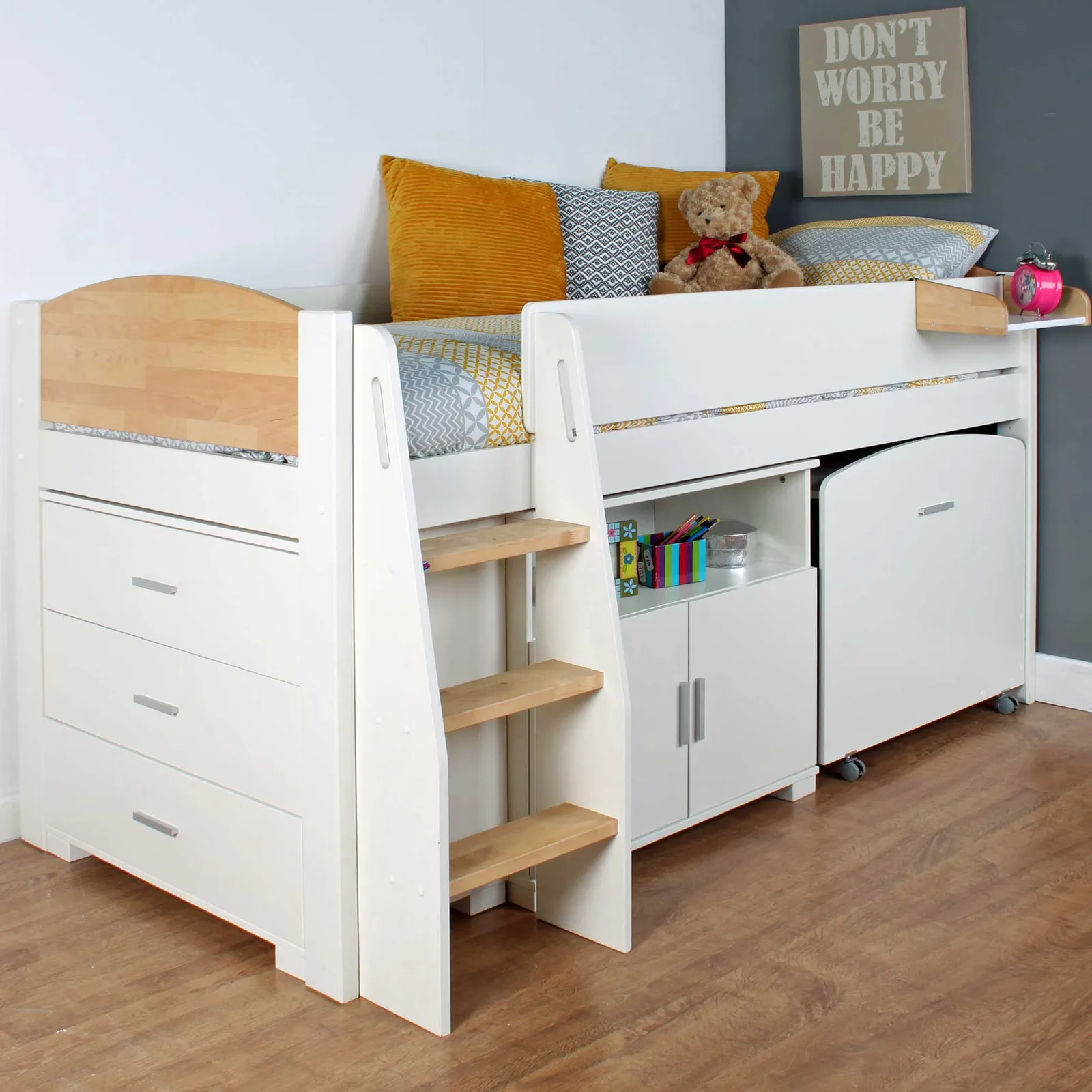 Urban Birch Childrens Midsleeper Bed with pull out Desk, Chest and Cupboard