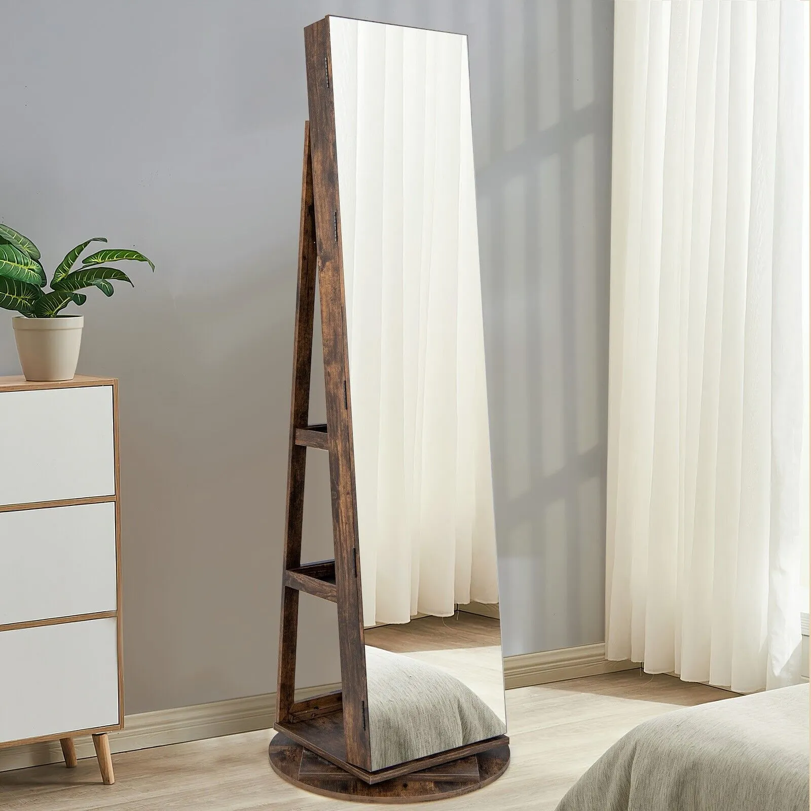 Costway Rotating Jewelry Armoire Freestanding Jewelry Cabinet w/ Full Length Mirror in Brown 6