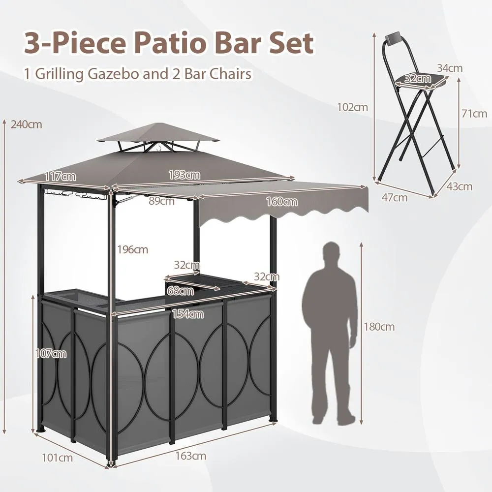 Costway Grill Gazebo w/ Awning Outdoor BBQ Canopy w/Table & 2 Foldable Chairs in Grey 2