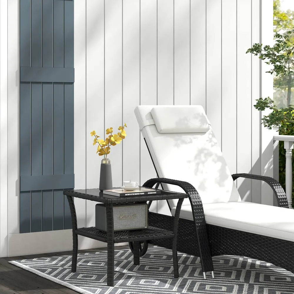 OUTSUNNY PE Rattan Coffee Table, Two-tier Side Table with Glass Top in Black