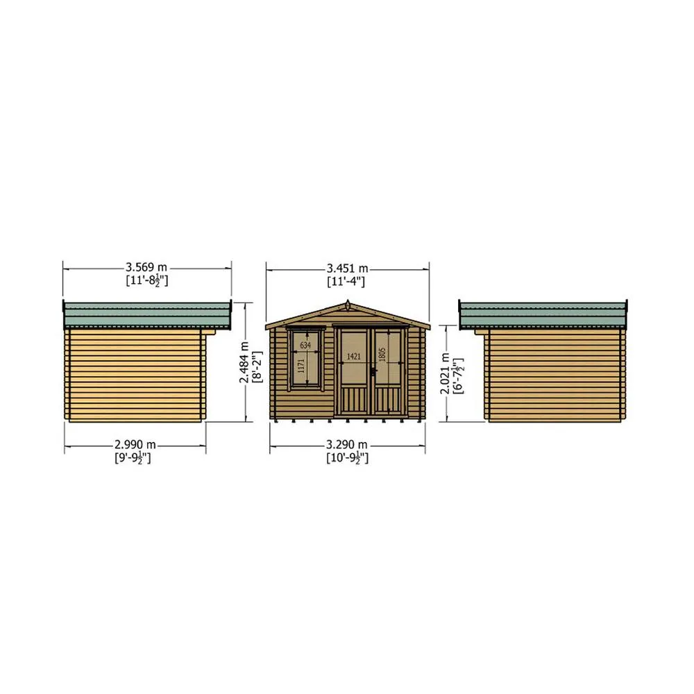 Shires Berryfield Log Cabin Home Office Garden Room Approx 11 x 10 Feet in Brown 2