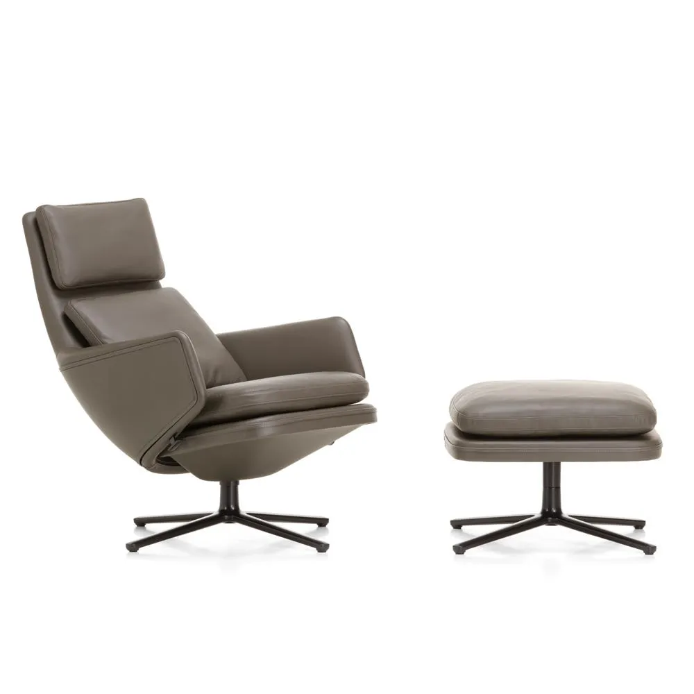 Vitra Grand Relax Chair & Ottoman Leather Umbra Grey Basic Dark Metal Base 2