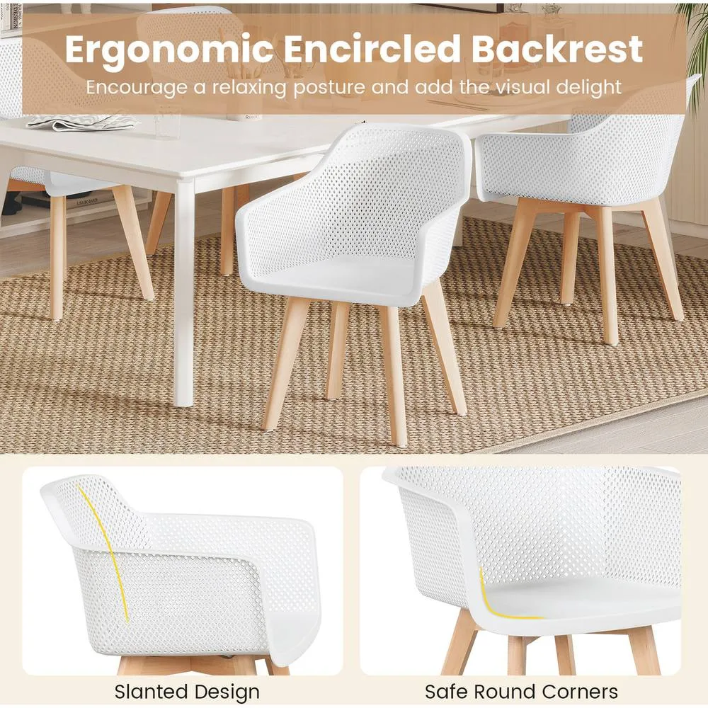 Costway Modern Plastic Dining Chairs Set of 2 Kitchen Armchairs w/Wood Legs in White 5