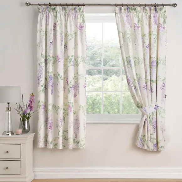 Wisteria Lilac 168 x 183cm Pencil Pleat Curtains With Tie Backs 2