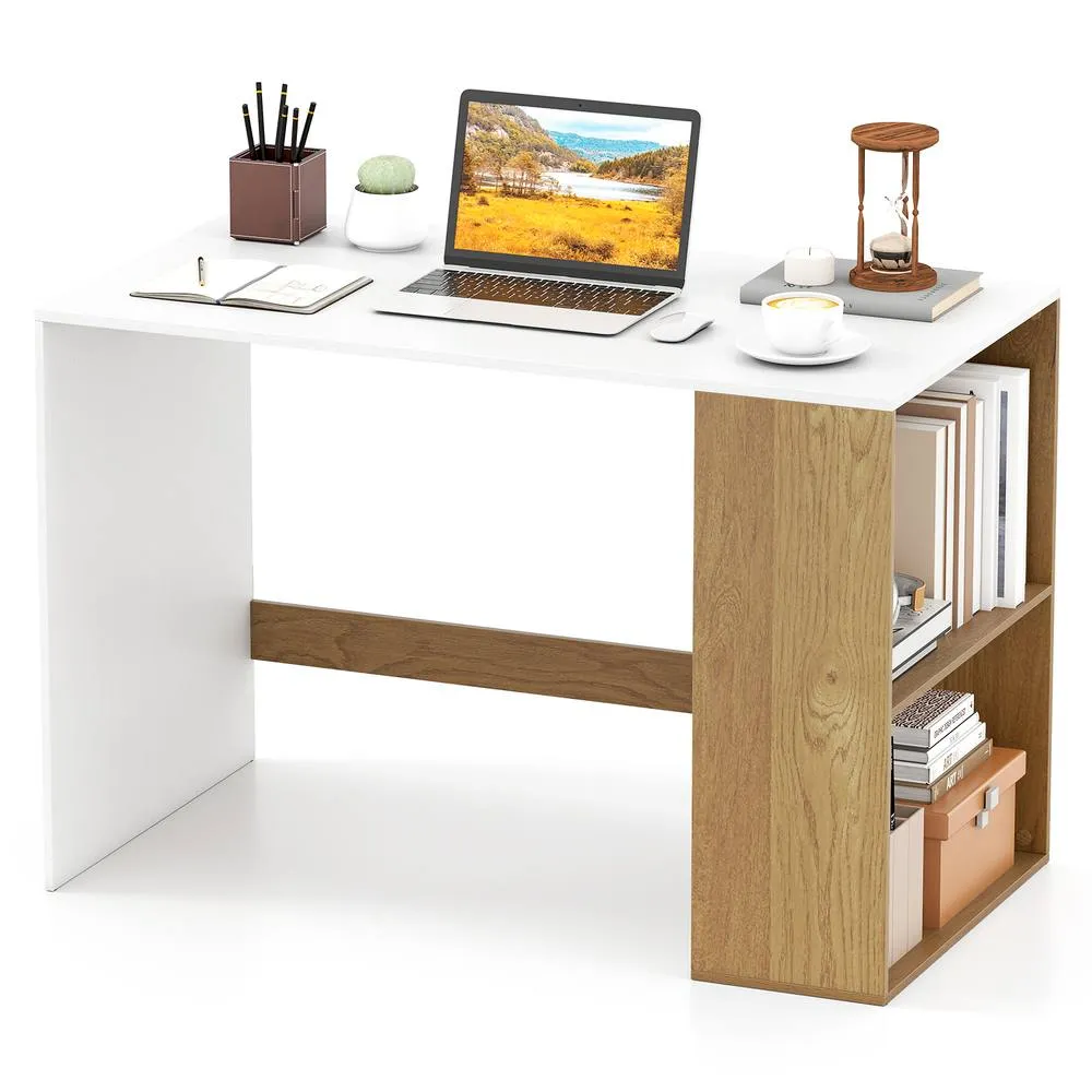 Costway Modern Wooden Office Desk with 2 Open Shelves in White