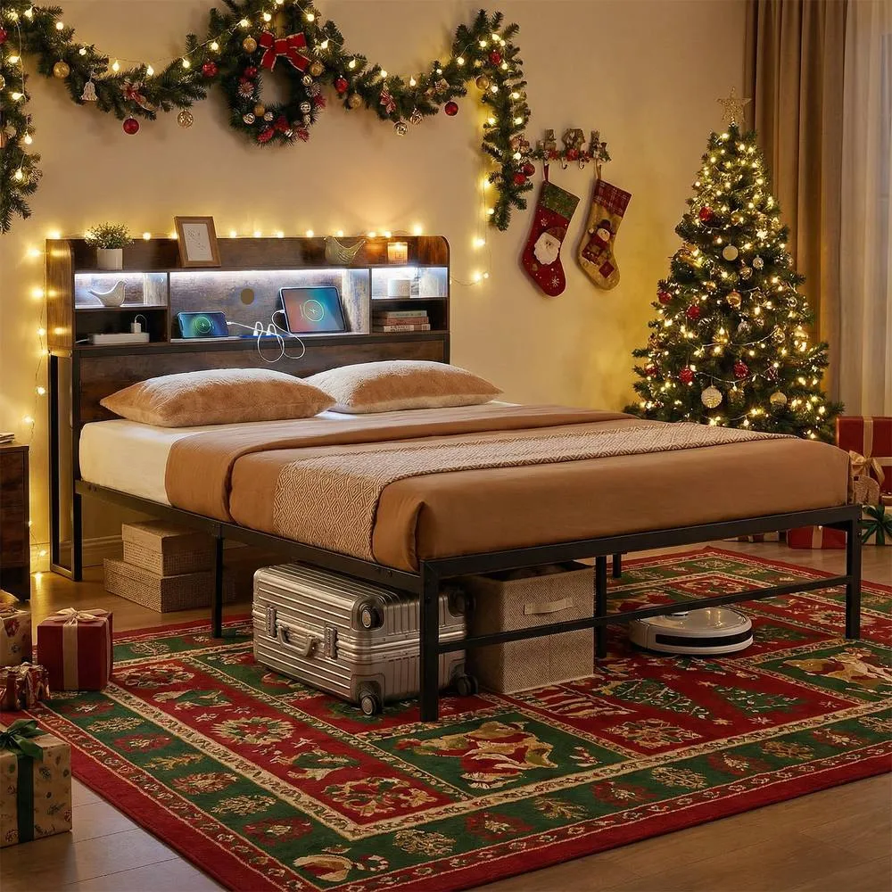Costway Double Size Bed Frame w/LED Lights&Charging Station Metal Platform Bed in Brown 4