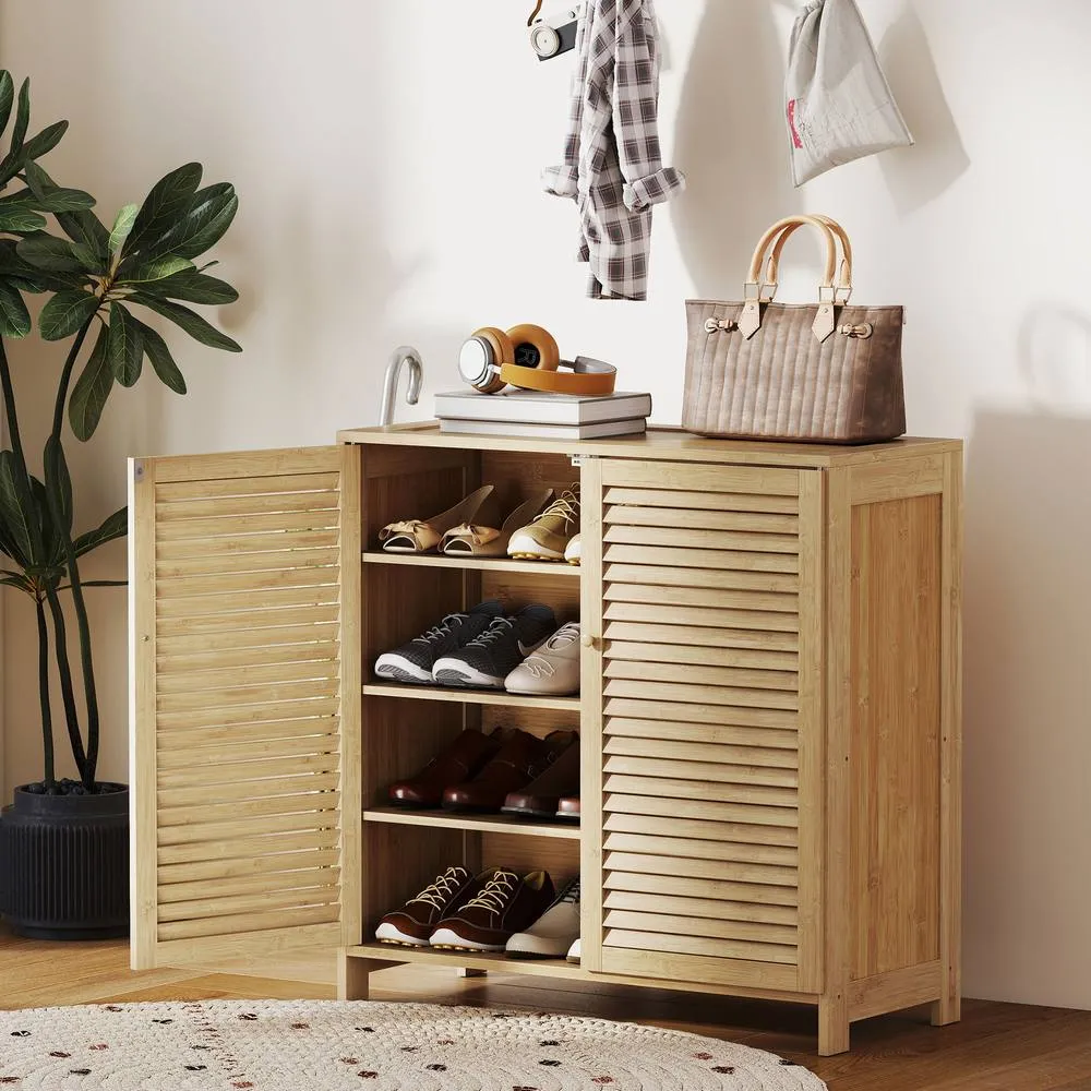 HOMCOM Bamboo Shoe Cabinet with Louvered Doors 14 Pairs Shoe Storage Cabinet in Natural