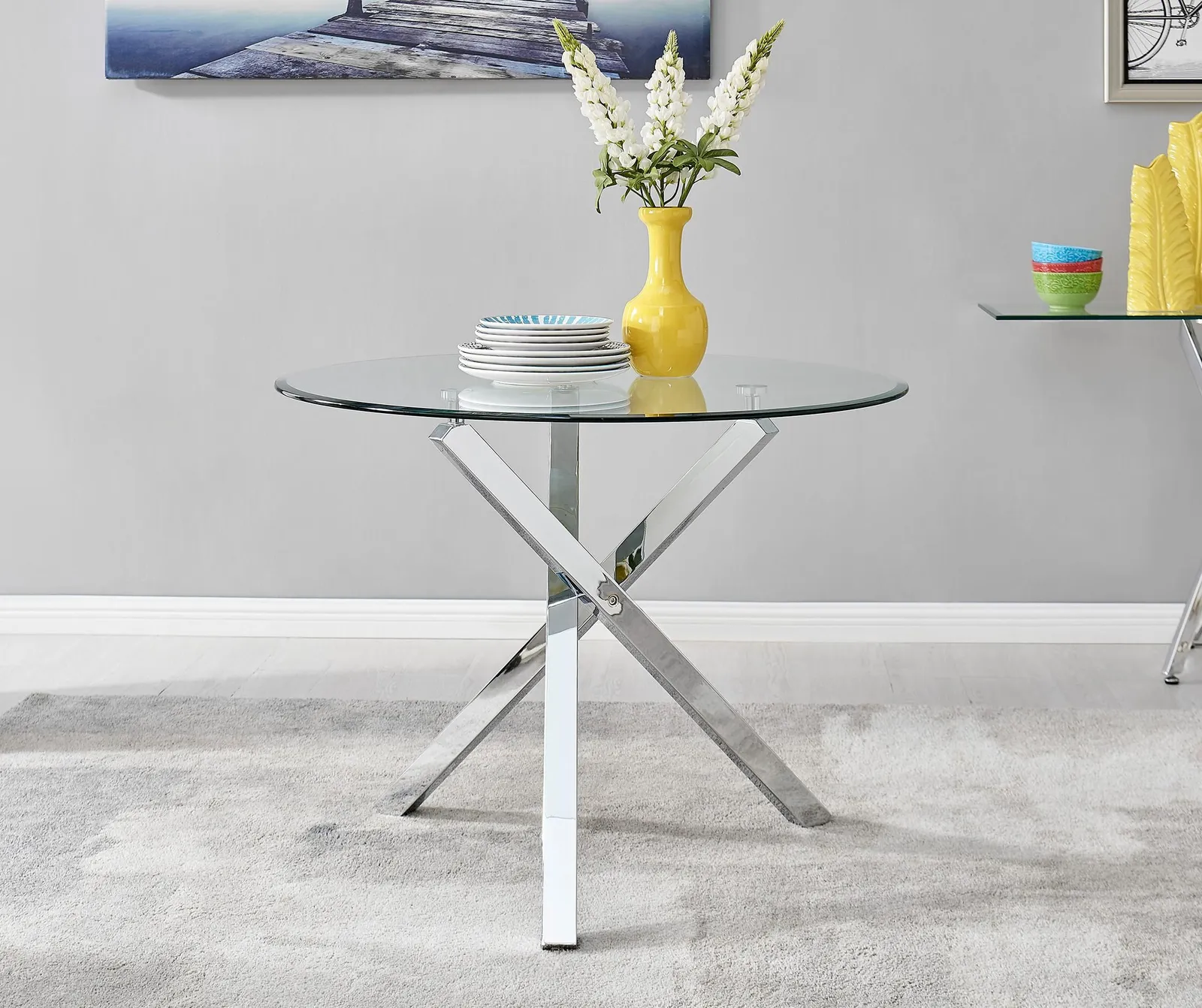 FurnitureboxUK Selina 100cm 4-Seater Striking Round Glass & Chrome Dining Table With Square Legs in Silver 2