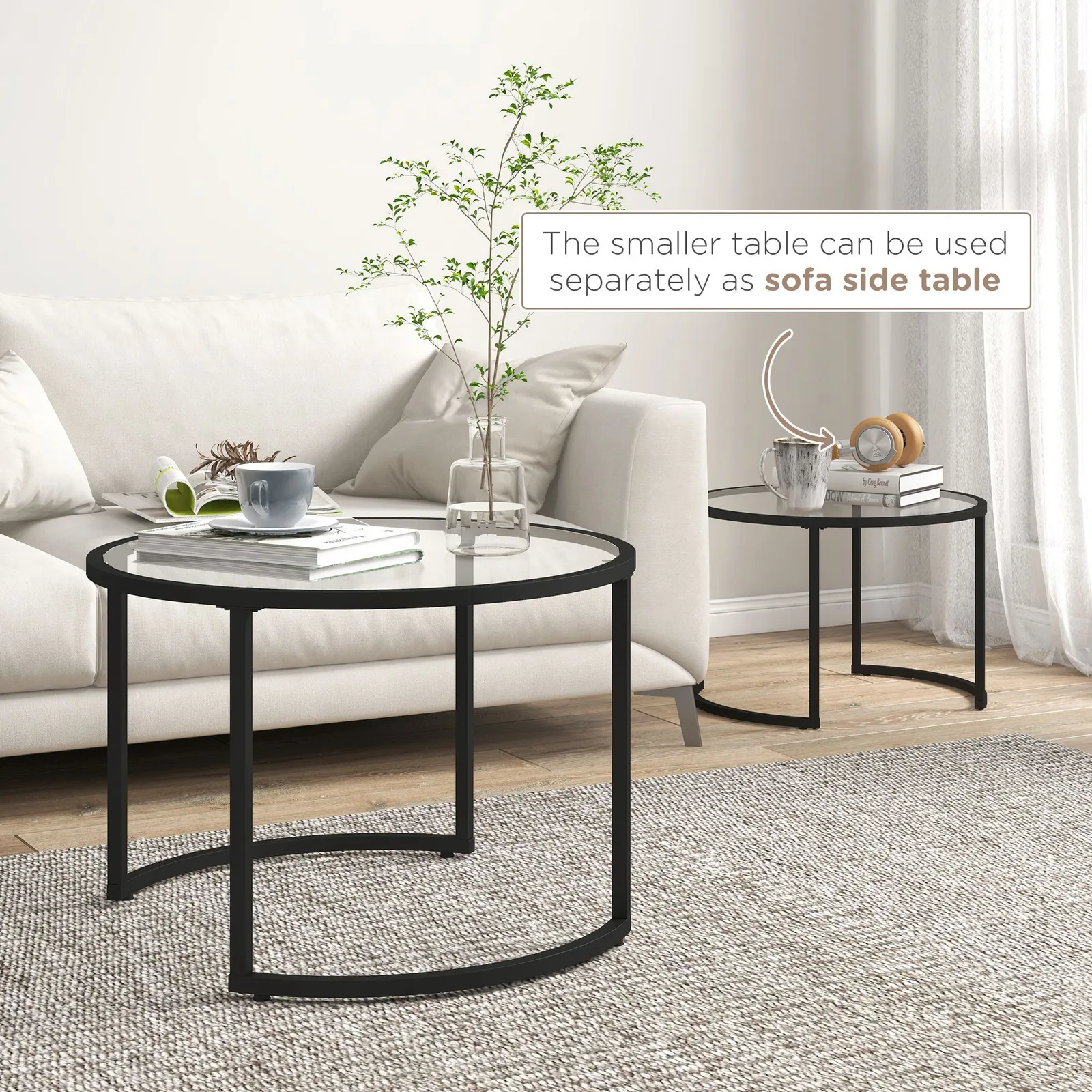 HOMCOM Nesting Coffee Table Set of 2 Round Side Tables for Living Room in Black 6