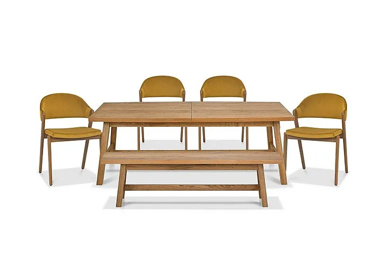 Stratford Large Extending Dining Table with Small Bench and 4 Fabric Chairs - Mustard Velvet