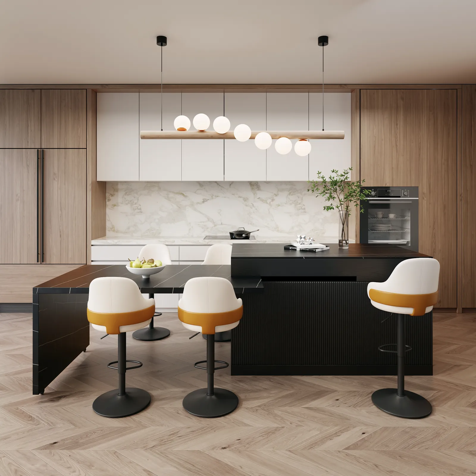 205 - 284 cm Extendable Black Kitchen Island with Doors & Drawers and Marble Pattern Top