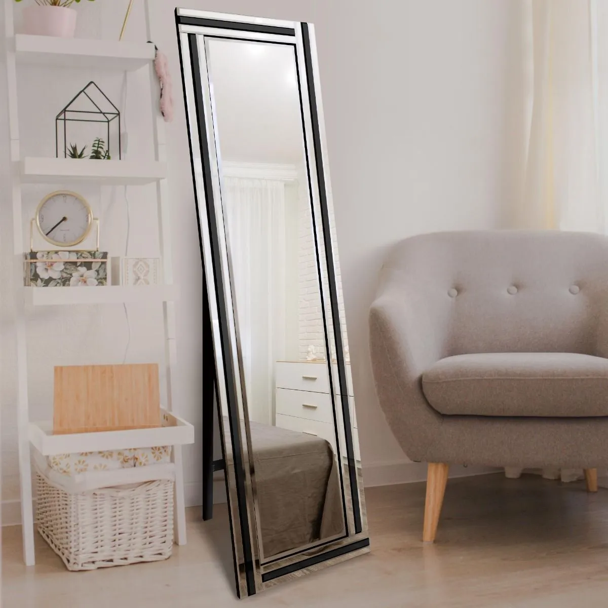 MirrorOutlet Triple Bevel Large Venetian Cheval Black & Mirror (150 X 40cm) in Silver