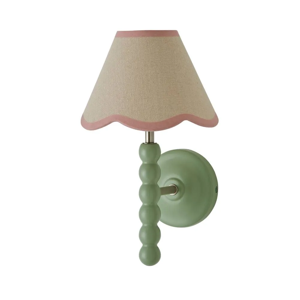 ValueLights Bobbins Sage Green Bobble Wall Light & Linen Pastel Trim Lamp Shade in Pale Pink 4