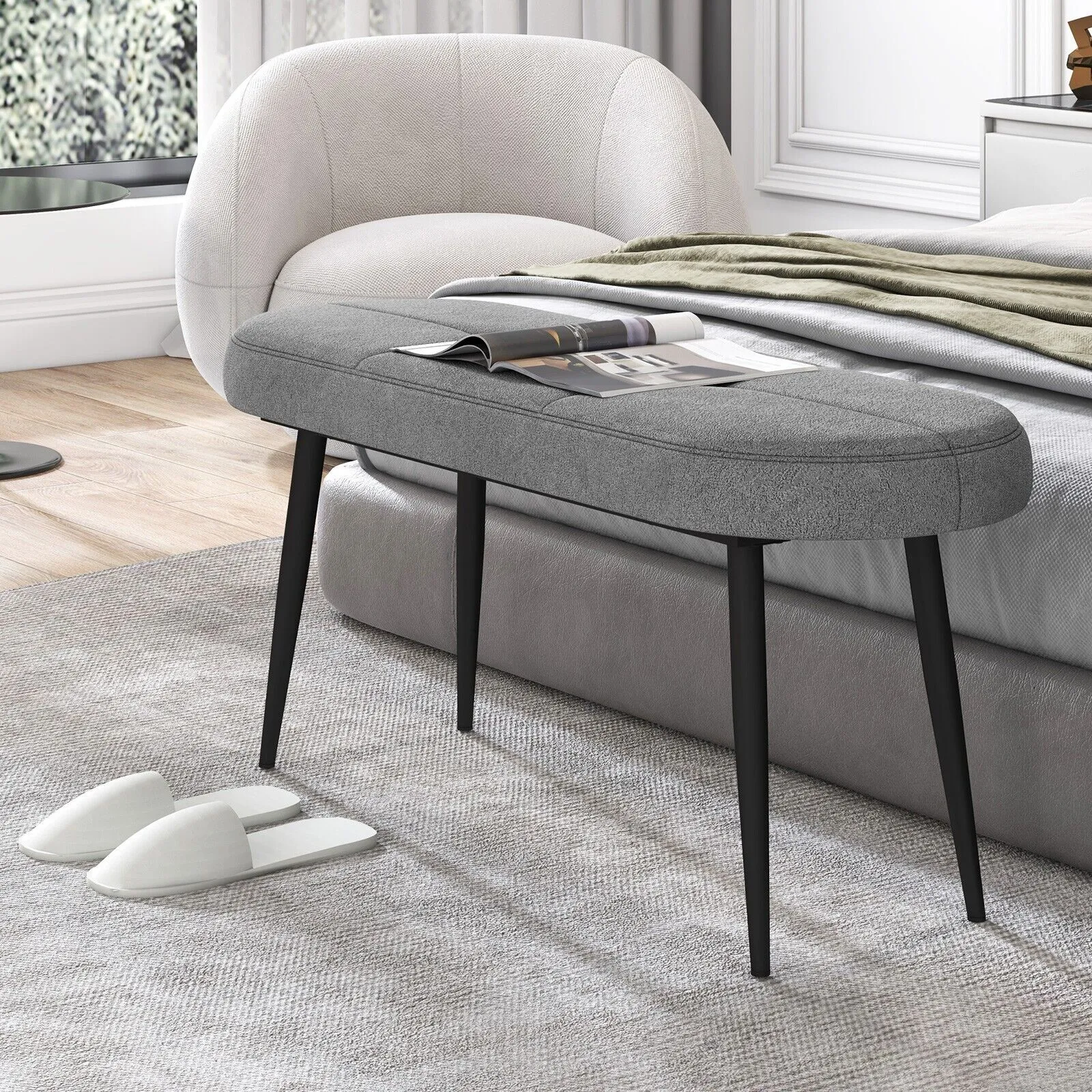 Costway 113 cm Ottoman Bench Bedroom Upholstered End of Bed Bench w/ Cushion in Grey 3