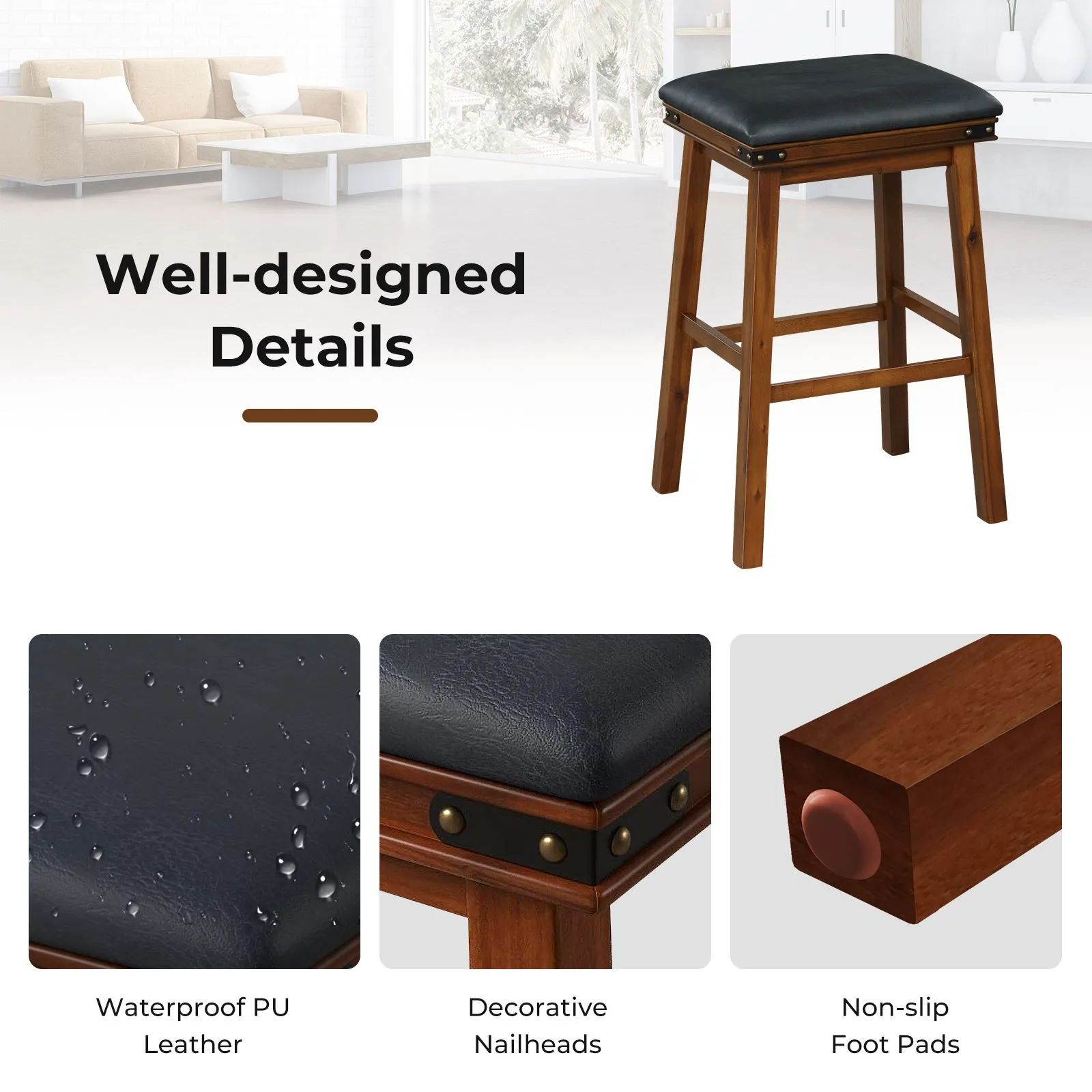 Costway 2PCS 76cm Bar Stools PU Leather Padded Upholstered Counter Height Chair Backless 6