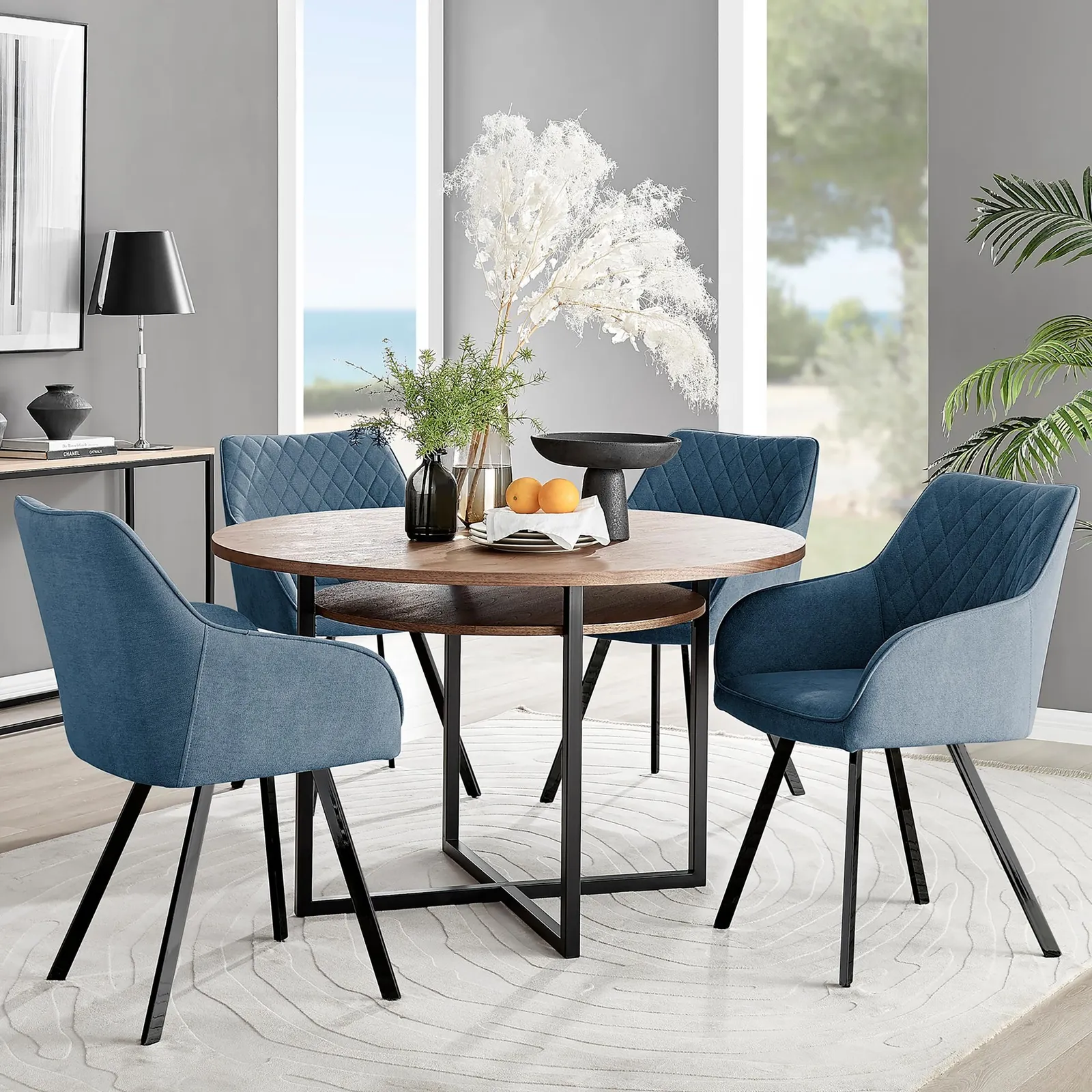 FurnitureboxUK Adley Brown Wood Storage Dining Table & 4 Falun Black Leg Chairs in Blue