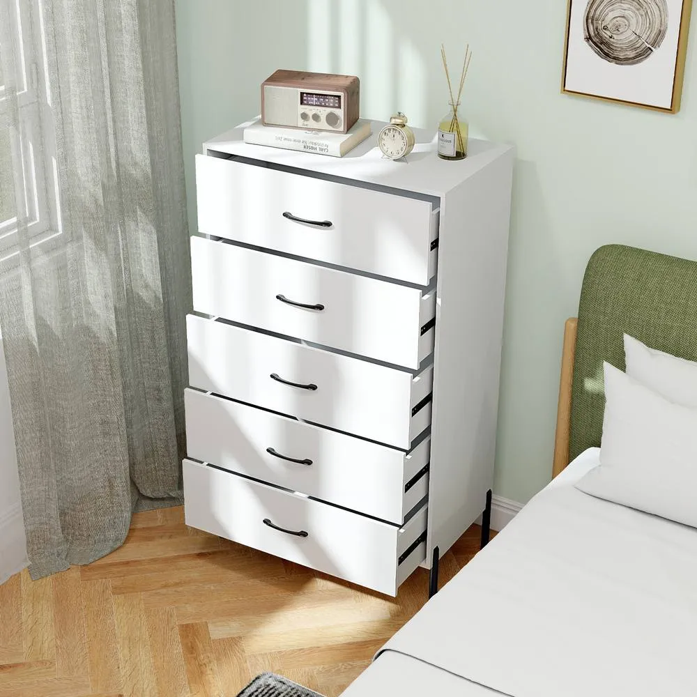 Costway 5-Drawer Dresser Modern Tall Chest of Drawers with Metal Legs-White in White 2