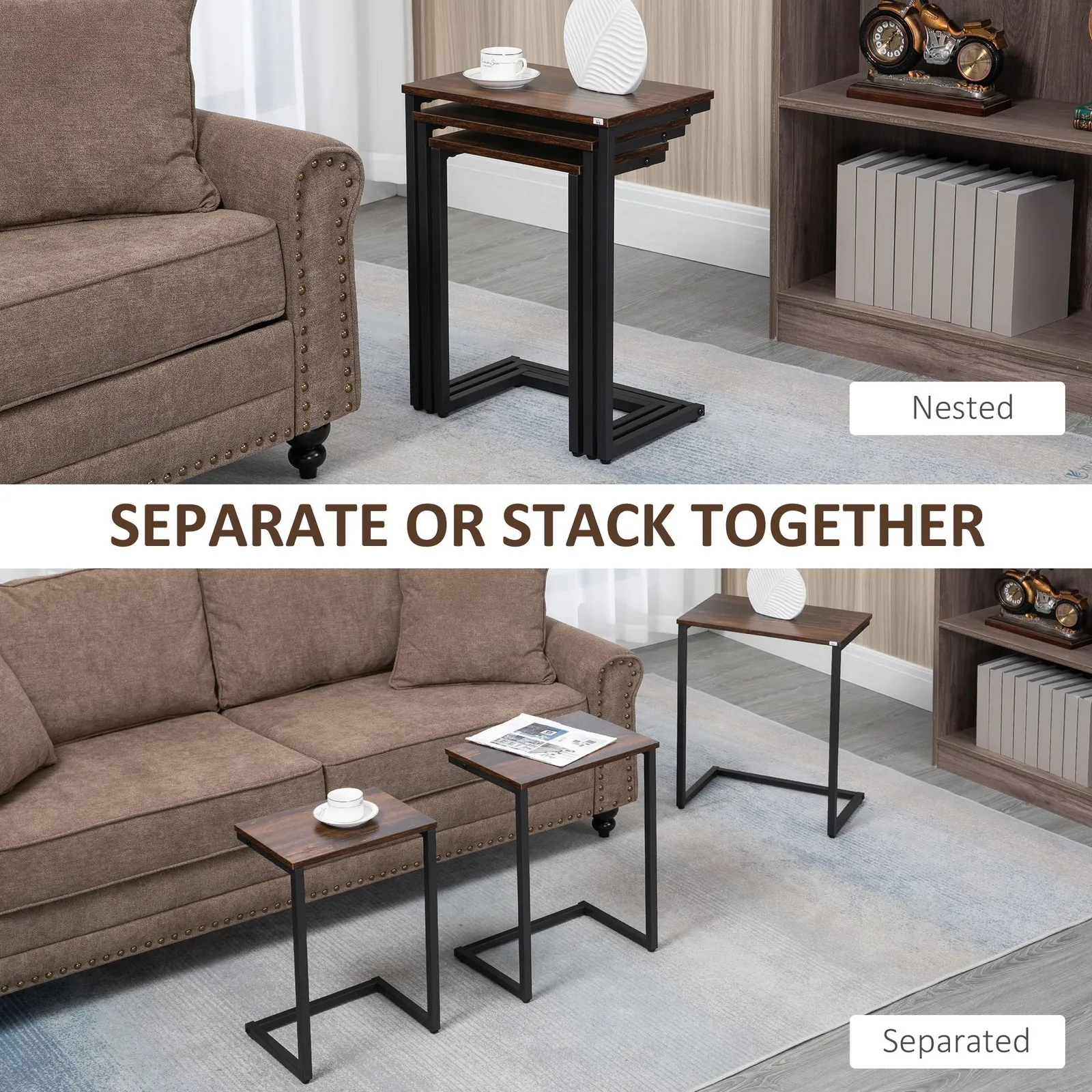 HOMCOM C-Shaped Nesting Tables Set of 3 with Steel Frame, Rustic Brown 4