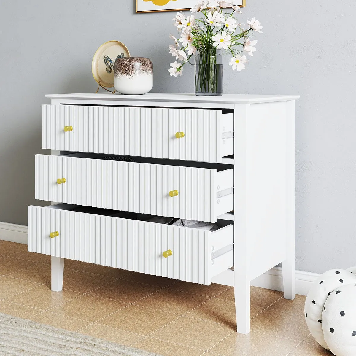 Melody Maison Wide 3 Drawer Chest Of Drawers & Pair Of Large Bedside Tables - Hales White Range 6
