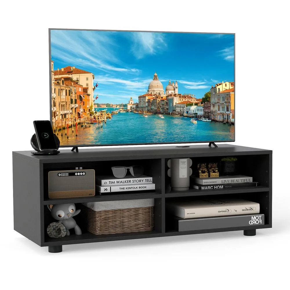 Costway Home TV Stand w/ 5 Adjustable Shelves for TV up to 4 Cubbies in Black