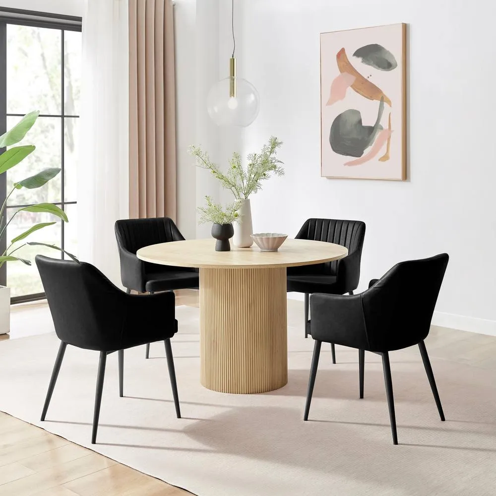 FurnitureboxUK Penrose Oak Effect Round Dining Table & 4 Calla Faux Leather Chairs in Black 1