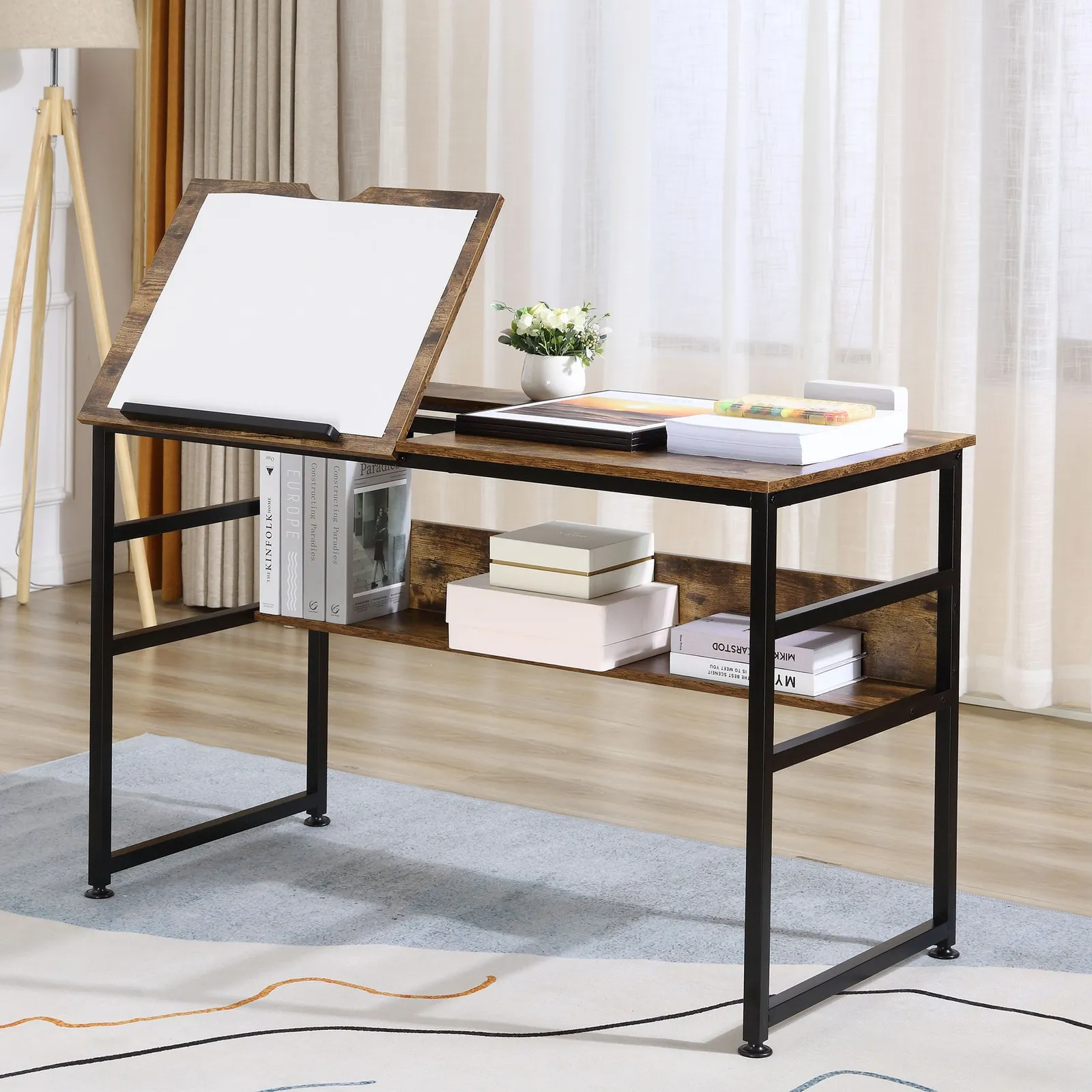 HOMCOM Tiltable Drafting Table Home Office Computer Desk with Open Shelf in Brown