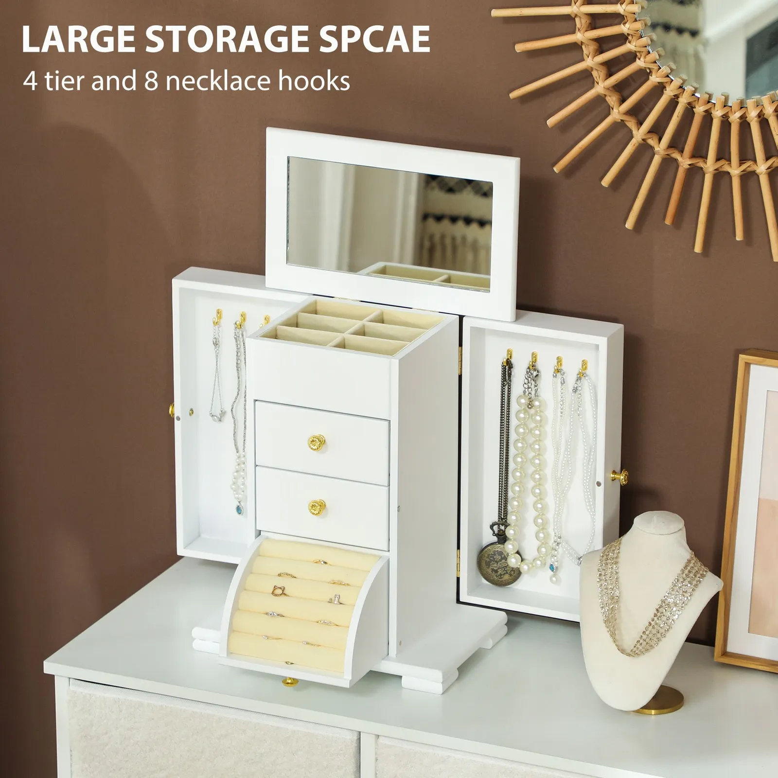 HOMCOM 4-Tier Large Jewellery Box with Mirror & 3 Drawers, White 4