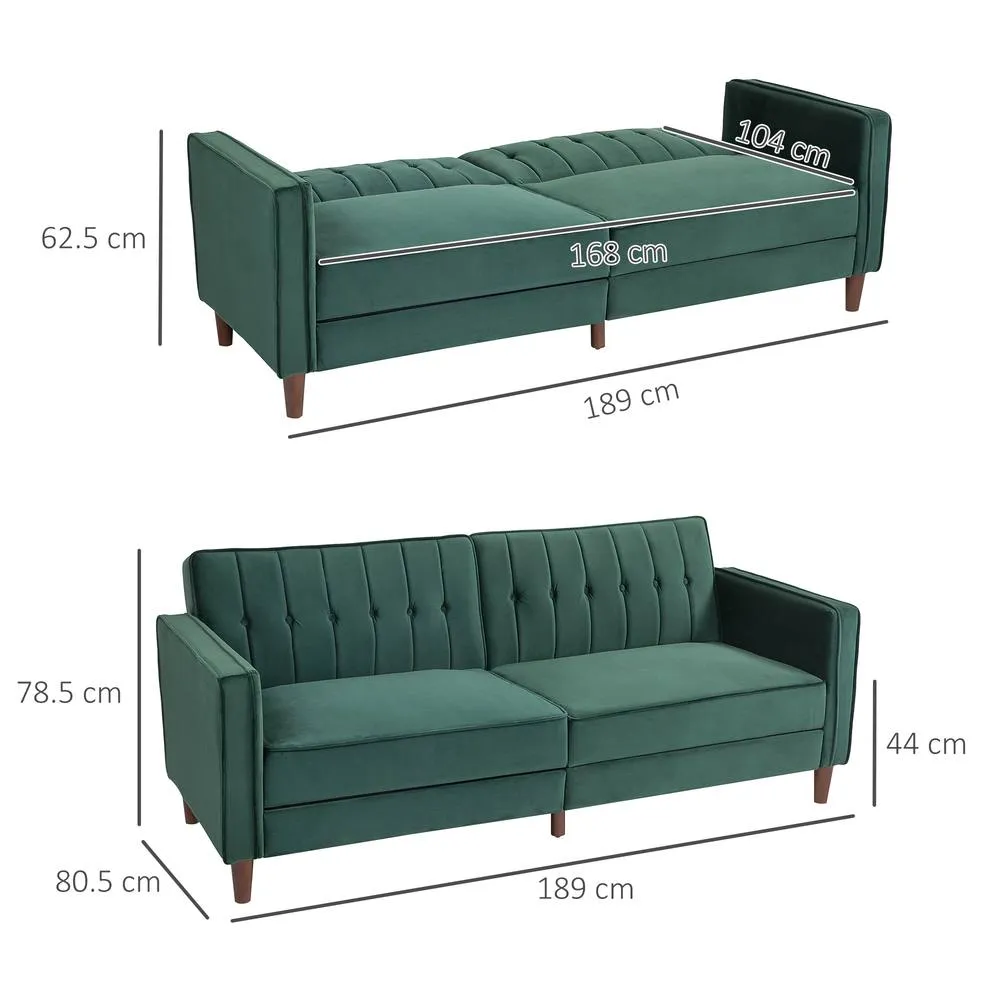HOMCOM Convertible Sofa Futon Velvet-Touch Tufted Couch Sofa Bed Green 3