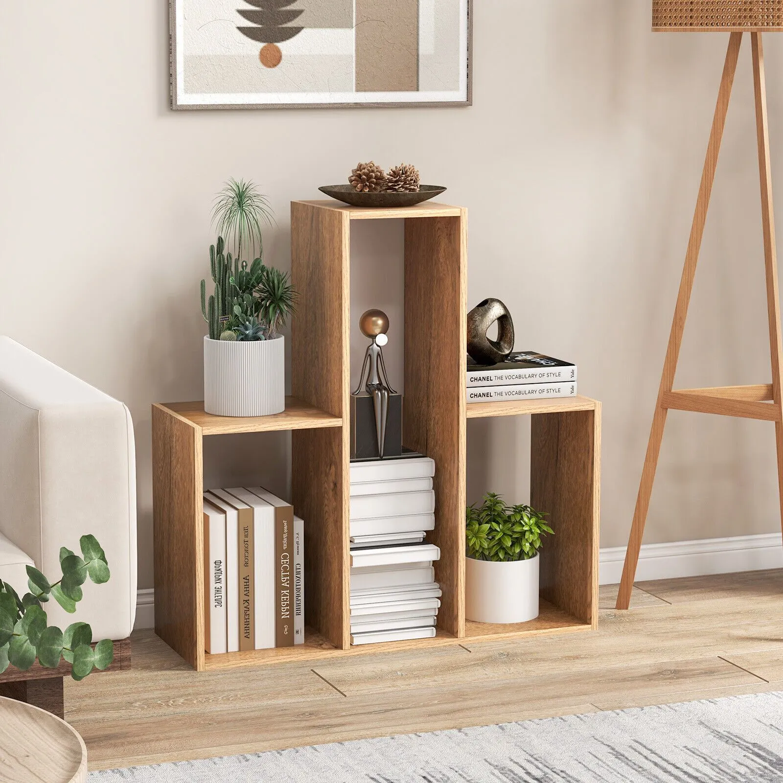 Costway Convex Bookshelf 3-Shelf Bookcase Modern Display Storage Shelf in Natural