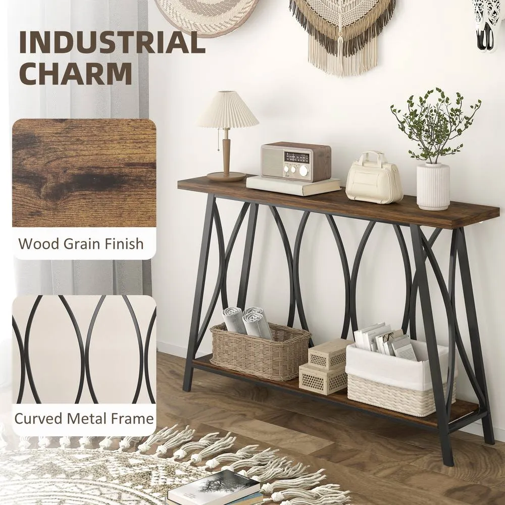 HOMCOM Console Table, Industrial Narrow Sofa Table with 2 Tiers, Metal Frame in Brown 6