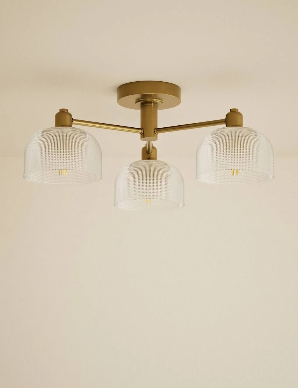 M&S Glass Reeded 3 Light Flush Ceiling Light Antique Brass