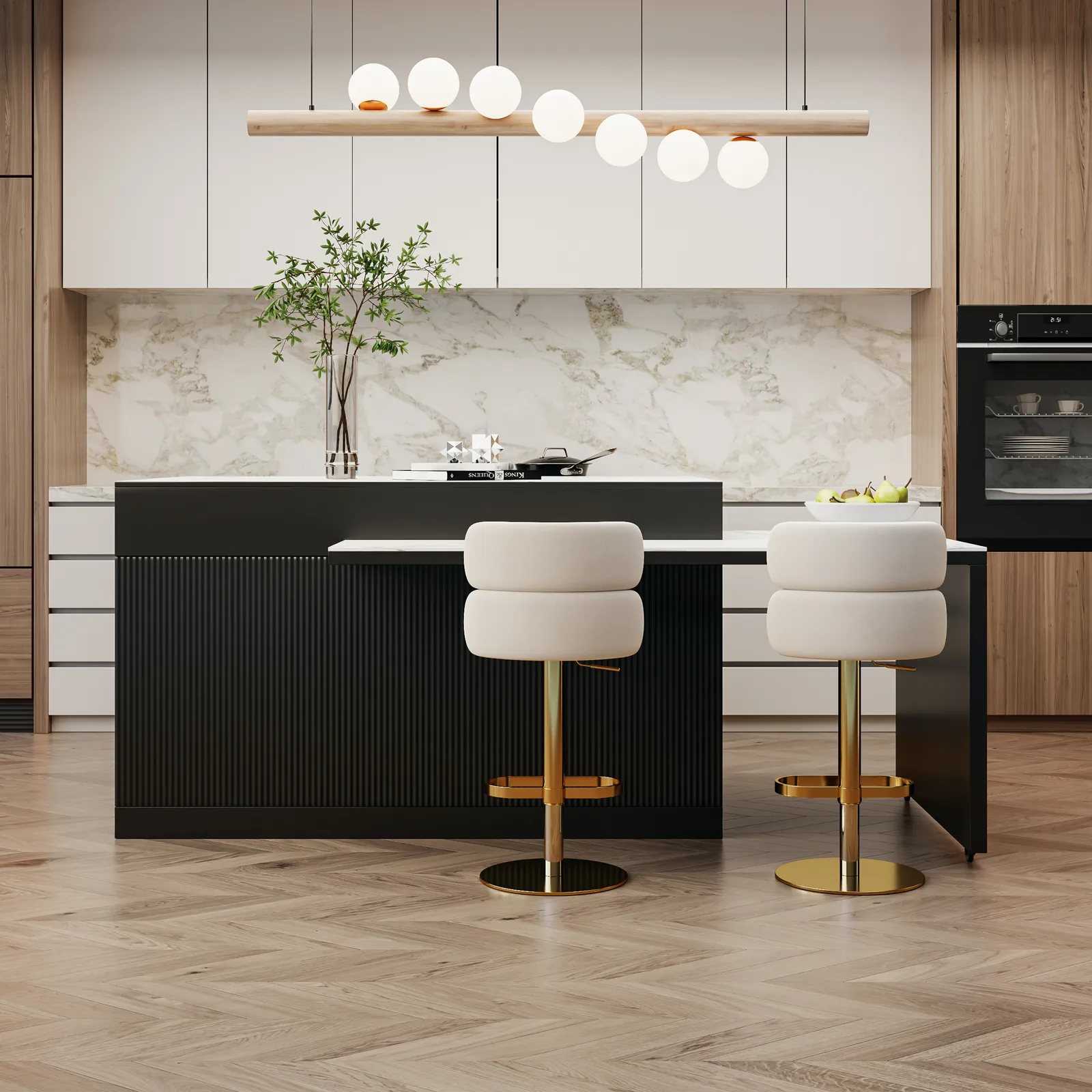 205 - 285 cm Extendable Sintered Stone Kitchen Island Walnut Modern with Doors and Drawers