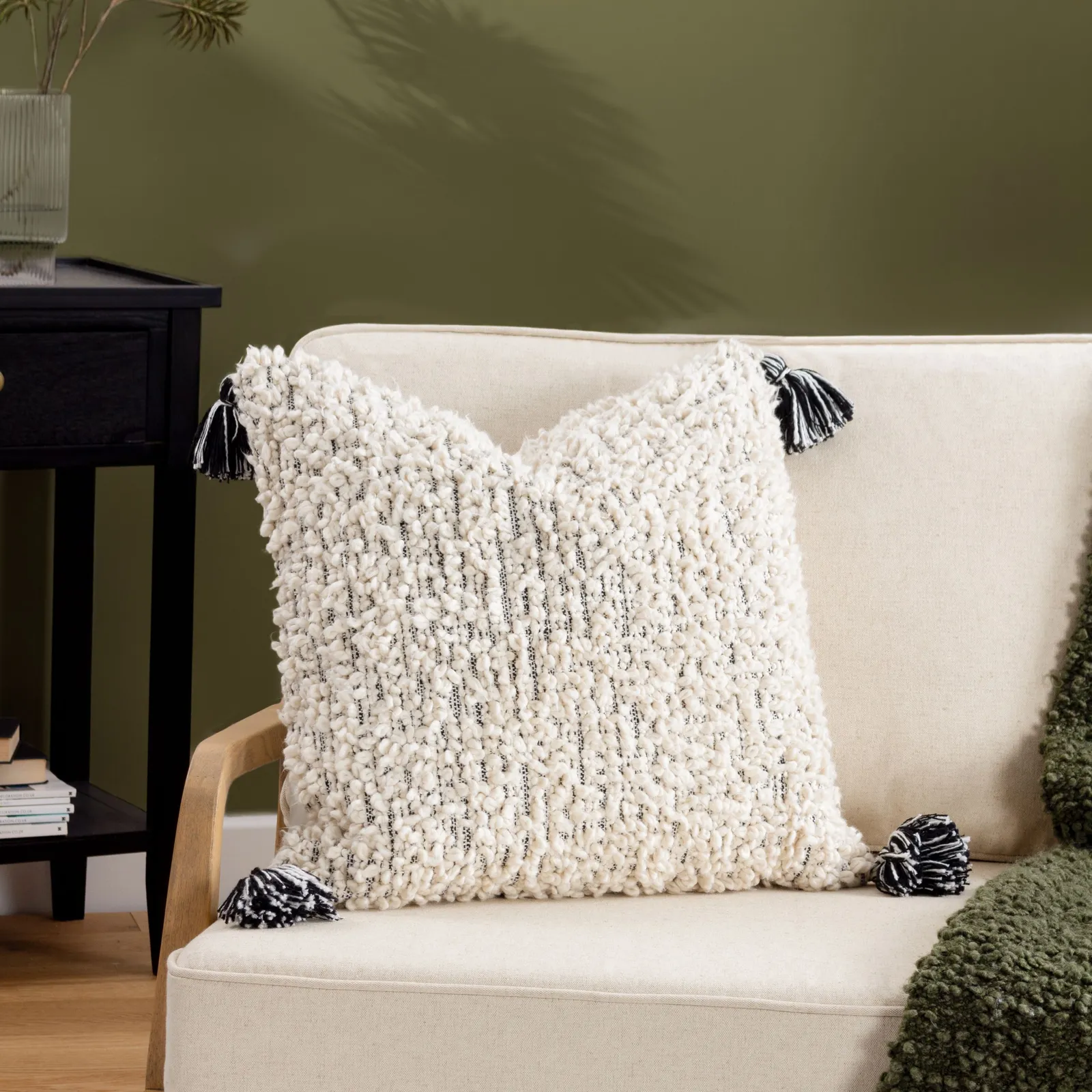 HOEM Cambre Boucle Tasselled Cushion in Black