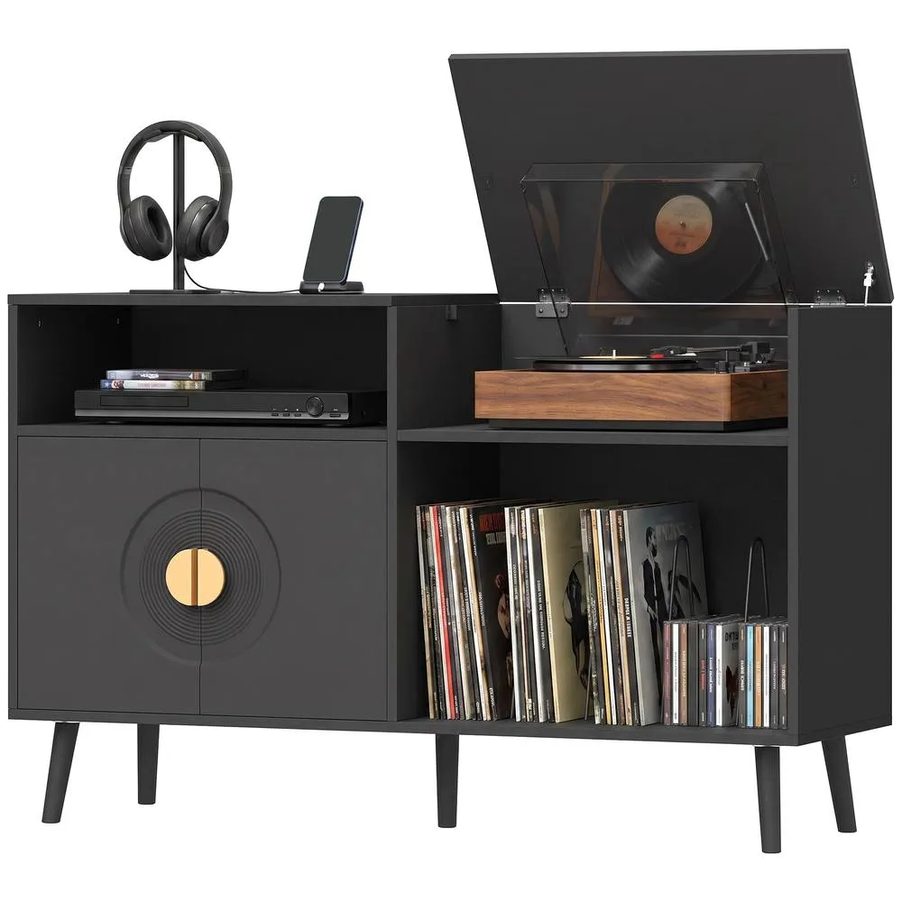 HOMCOM Record Player Stand Holds Up to 300 Albums with Cable Hole in Black 1