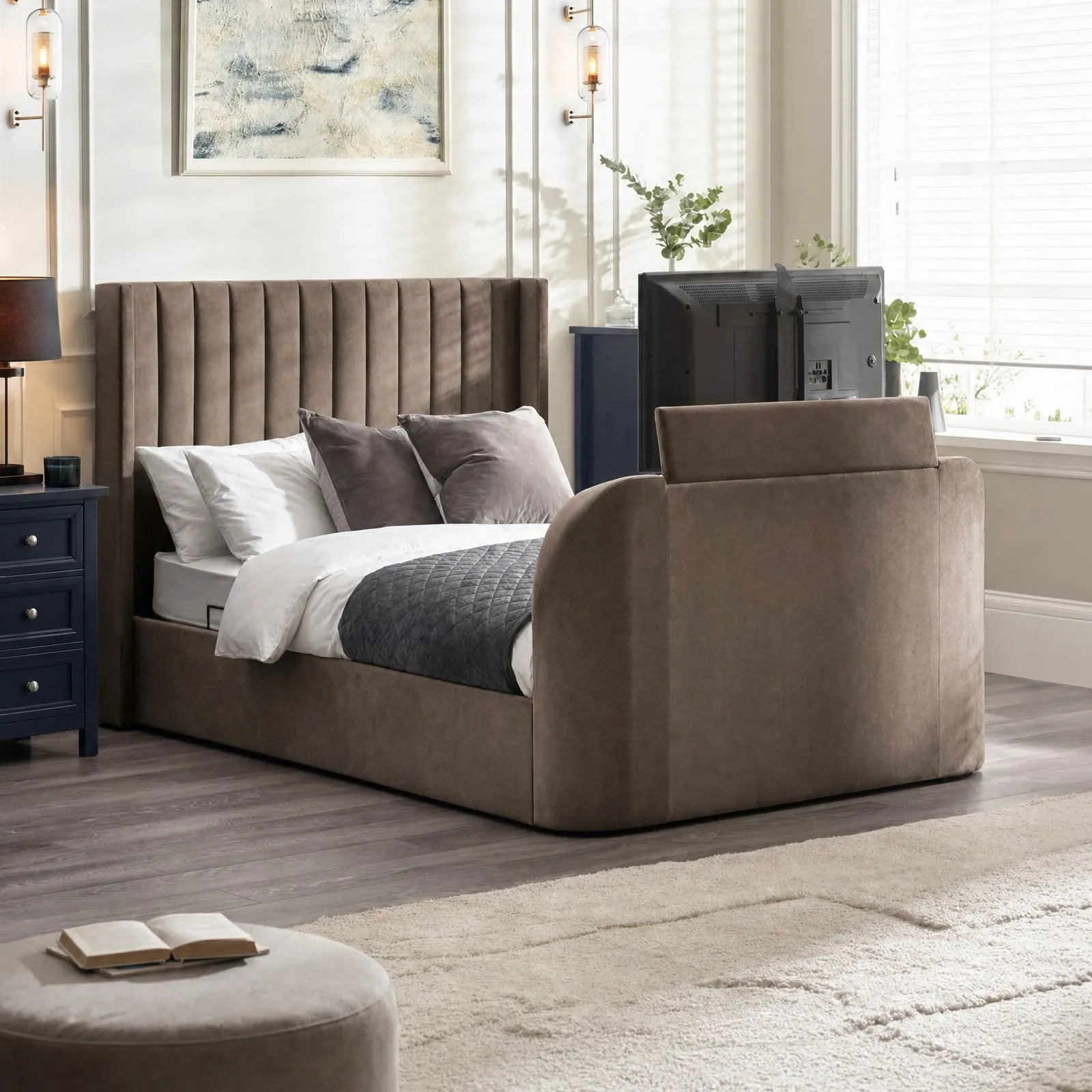 Clara – Double – Side-Lift Ottoman TV Bed – Deep Mocha Grey – Velvet – 4ft6 - Happy Beds