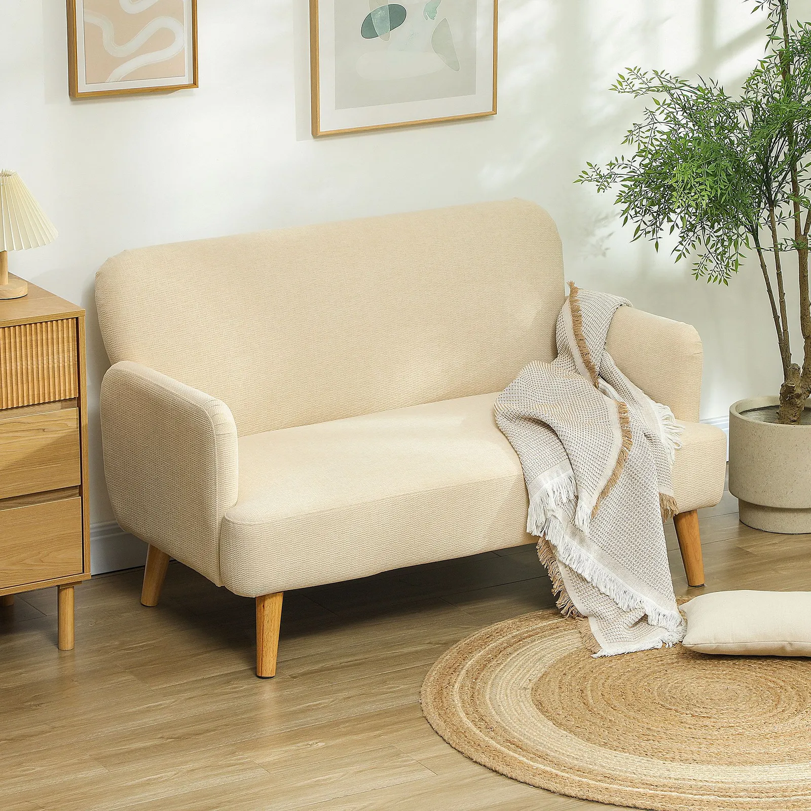 HOMCOM 2 Seater Sofa with 21cm Thick Padding & Wood Legs in Cream
