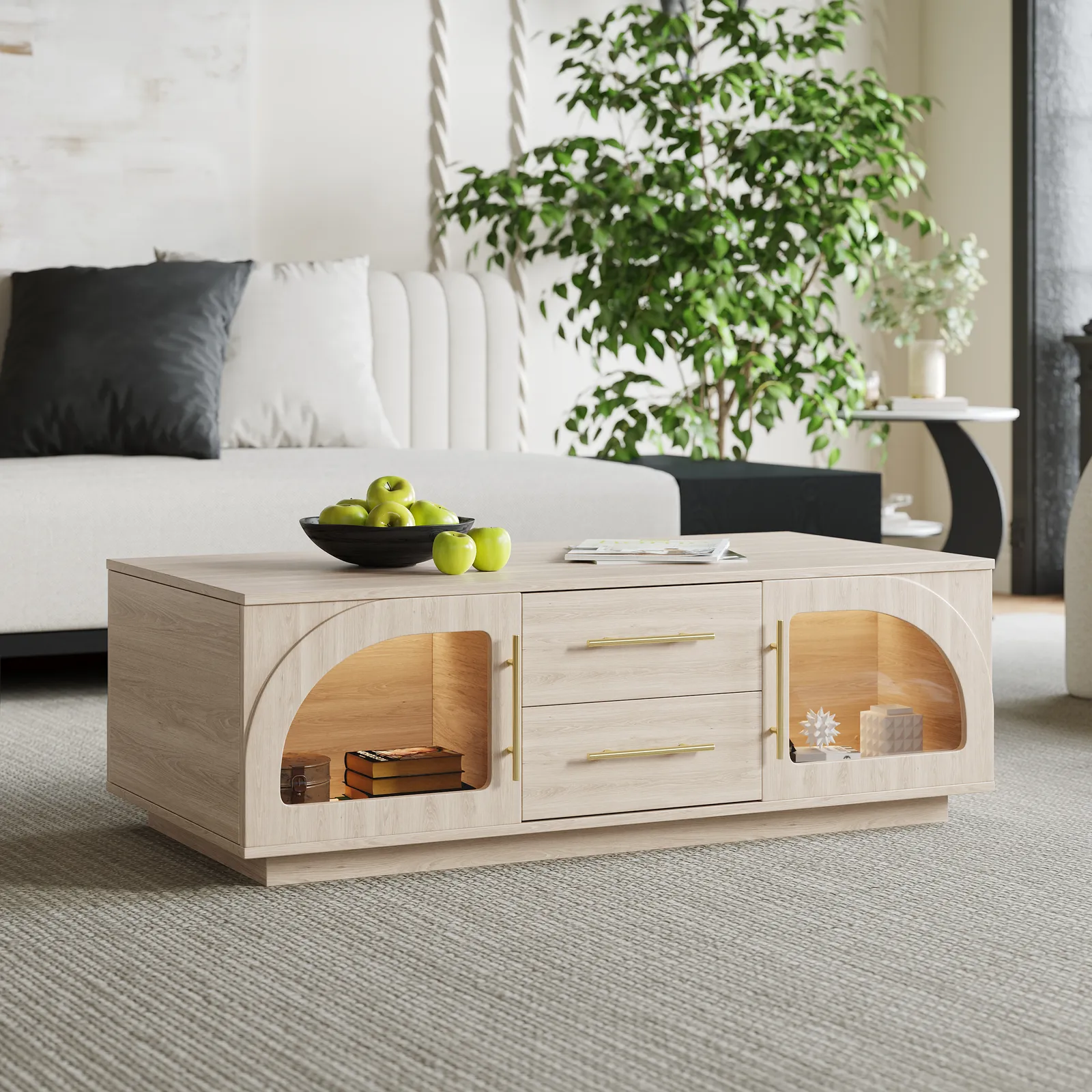 Arune Arched Glass Coffee Table Modern Whitewash Living Room Furniture with Storage and LED Light